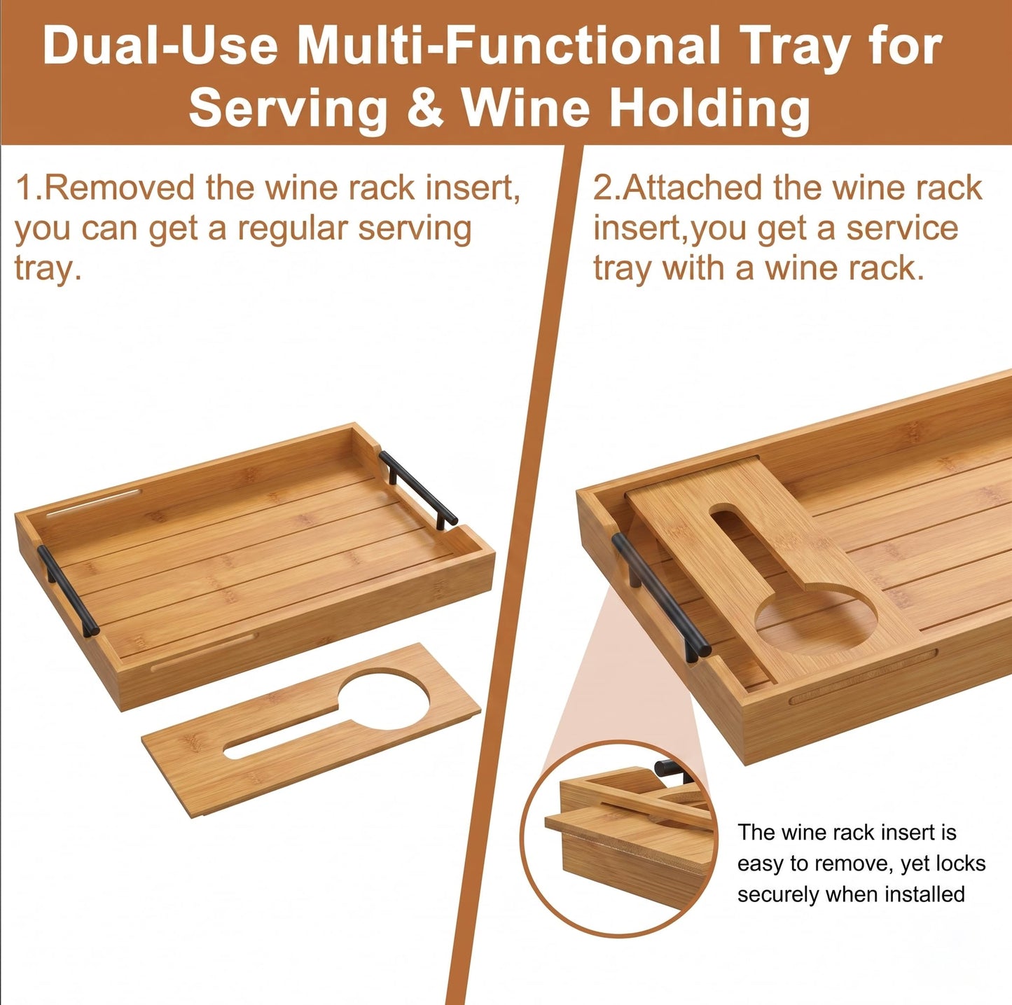 Bamboo Serving Tray with Wine Glass Holder, Couch Snack Tray with Handles for Wine, Cheese and Fruit, Movie Night Tray for Sofa, Coffee Table, Wedding and Housewarming Gift