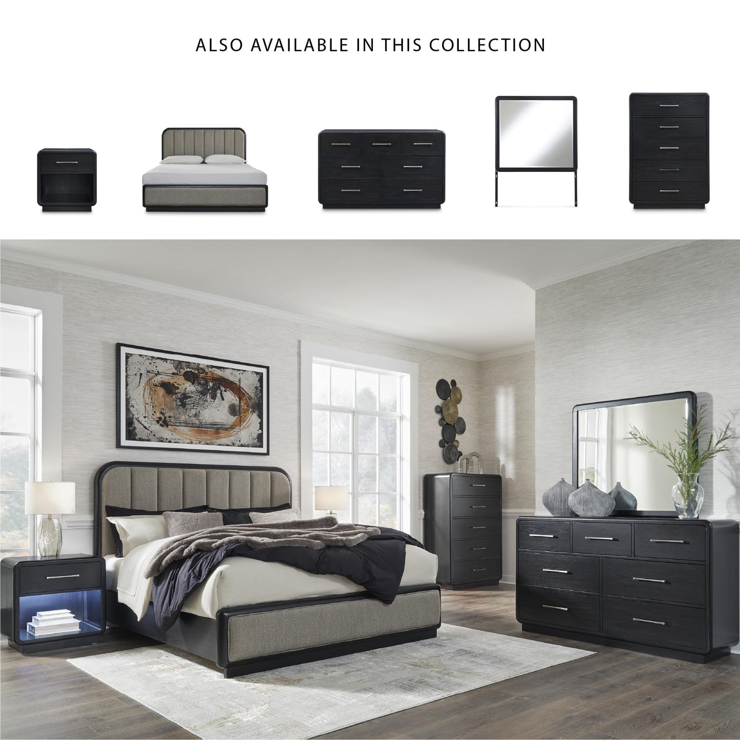 Signature Design by Ashley Rowanbeck Dresser, Black Wood 7 Drawer Chest for Bedroom, Hardwood Solids and Ash Veneer, Contemporary Storage for Master Suites, Black, 64" W