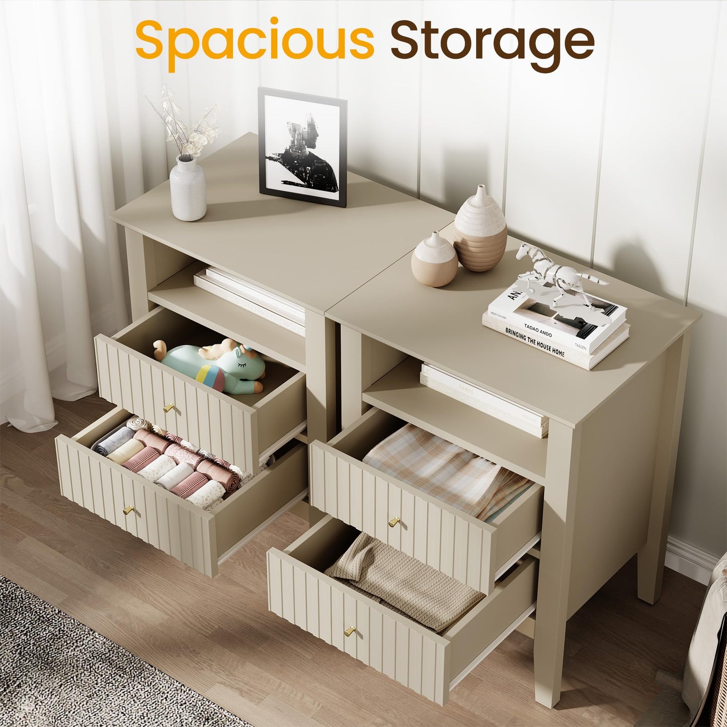 May in Color Beige Fluted Nightstand with 2 Drawers Set of 2, Modern Wooden Sofa Table with Storage for Small Spaces, Tall End Table for Bedroom,Living Room