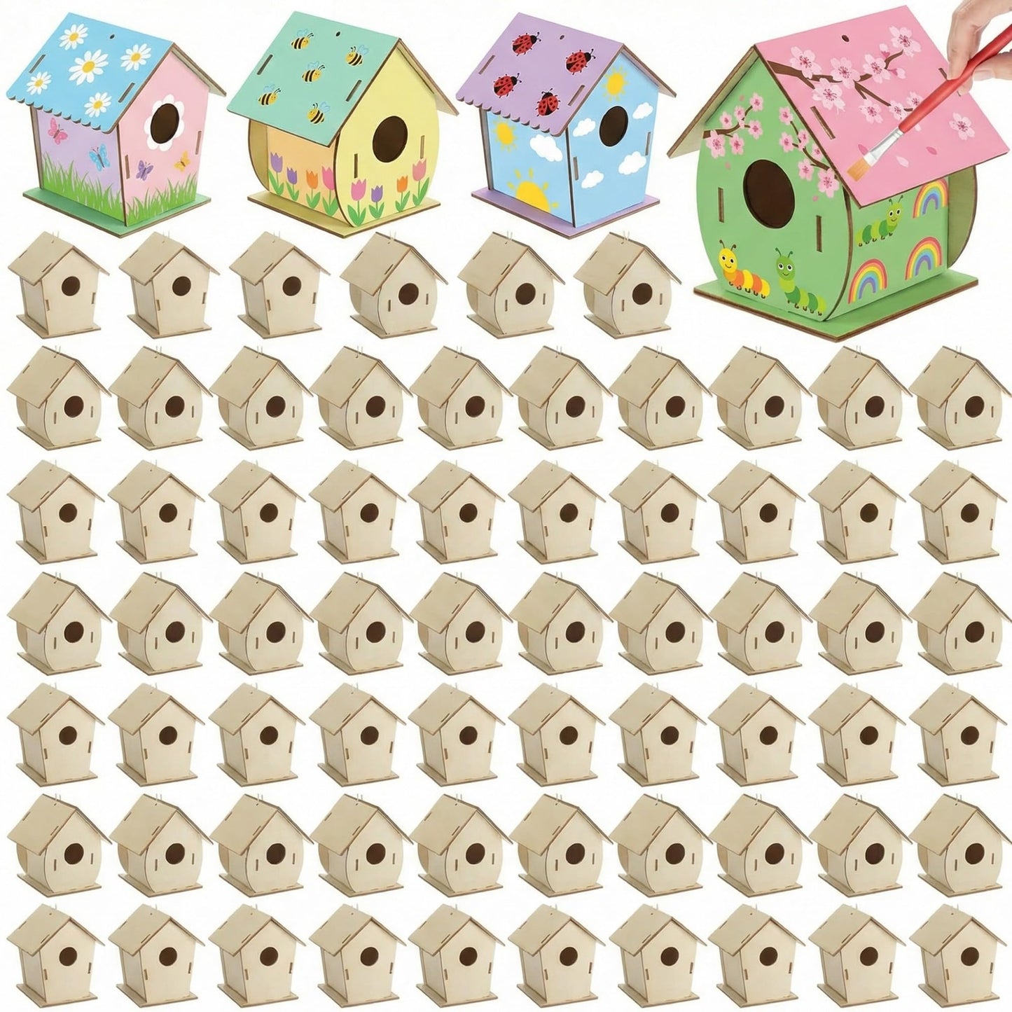 DoubleFill 30 Pcs Wooden Bird Houses Bulk for Kids Unfinished Wood Birdhouses for Children Wood Craft Project Kits for DIY Wooden Arts and Crafts for Summer VBS Crafts