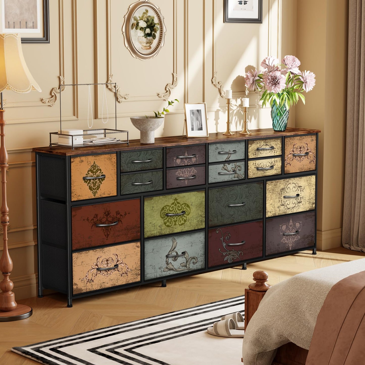 VASICAR 74.8" W Dresser for Bedroom, Wide TV Stand for 65, 75, 80 inch TV, Long Fabric Dresser with 18 Deep Drawers, Large Storage Organizer Cabinet, Wood-top Chest of Drawers (Pattern)