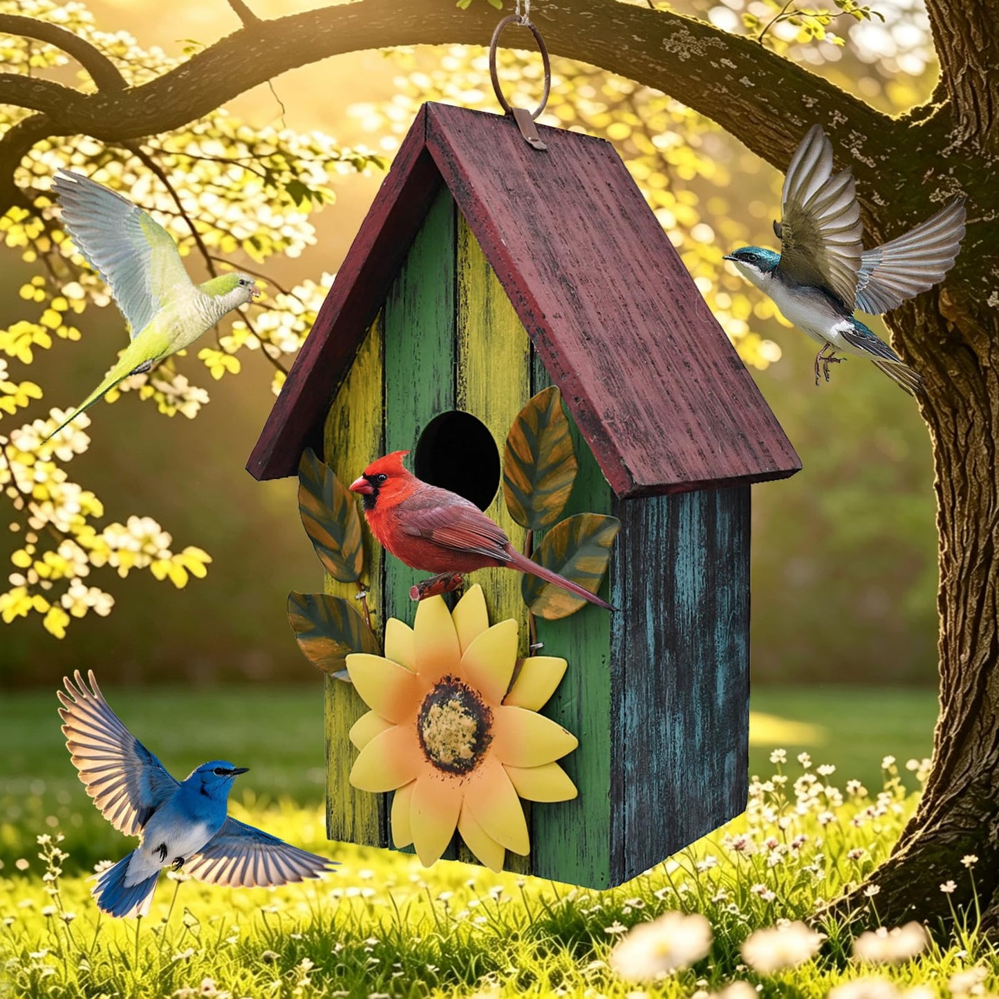 Wood Decorative Bird House for Outside Hanging Hummingbird House, Wooden Hand Painted Small Bird House Outdoors Garden Décor, Hanging Bird House for Finch Bluebird Wren Chickadee (Green)
