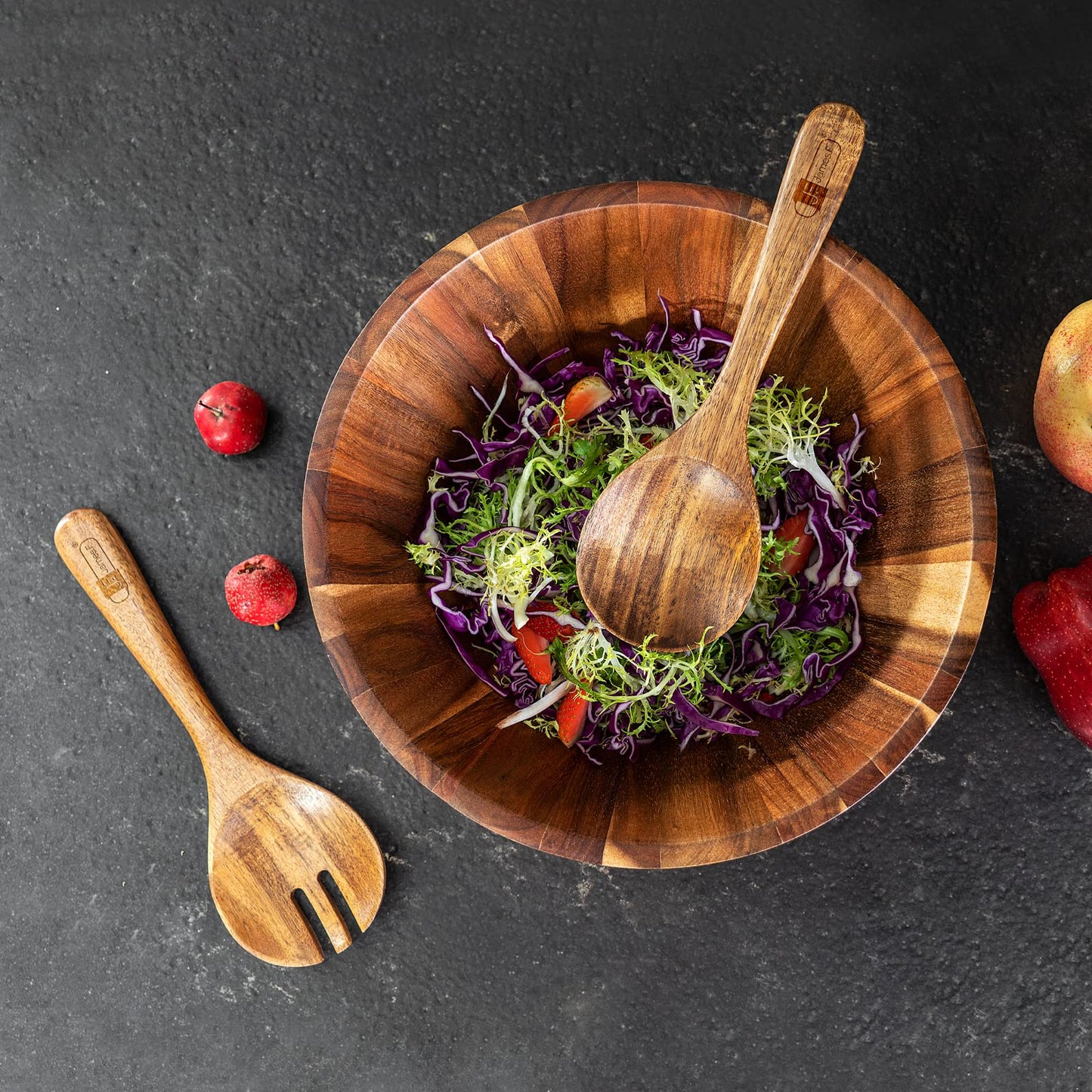 JF JAMES.F Wooden Salad Bowl, 12'' Acacia Wood Large Salad Bowl Set Big Salad Serving Bowl with Serving Utensils