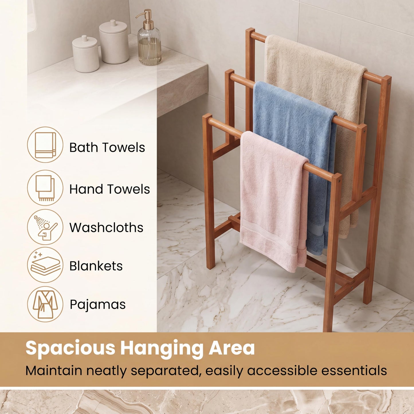 HOMGX Towel Rack & Drying Stand, Freestanding Wooden | 3-Tier Wooden Towel Holder | Sturdy Bathroom Drying Rack | Teak Oil Finish | Compact Vertical Storage | Poolside & Outdoor Use