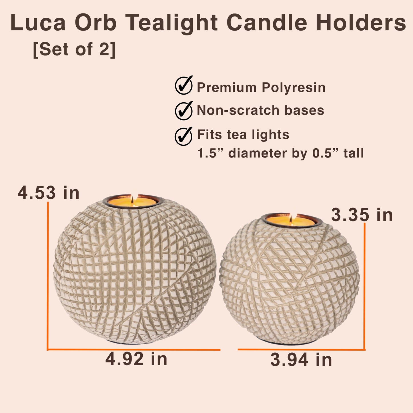 Huey House Luca Beige Orb Tea Light Candle Holders, Gift Boxed Set of 2