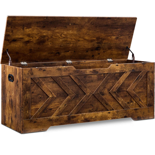 XDliv 47.2” Storage Bench,Extra Large Wooden Storage Chest with 2 Safety Hinges,entryway Bench,Blanket Storage,Shoe Storage Bench for Entryway,Bedroom,Living Room,Easy Assembly.-Rustic Brown