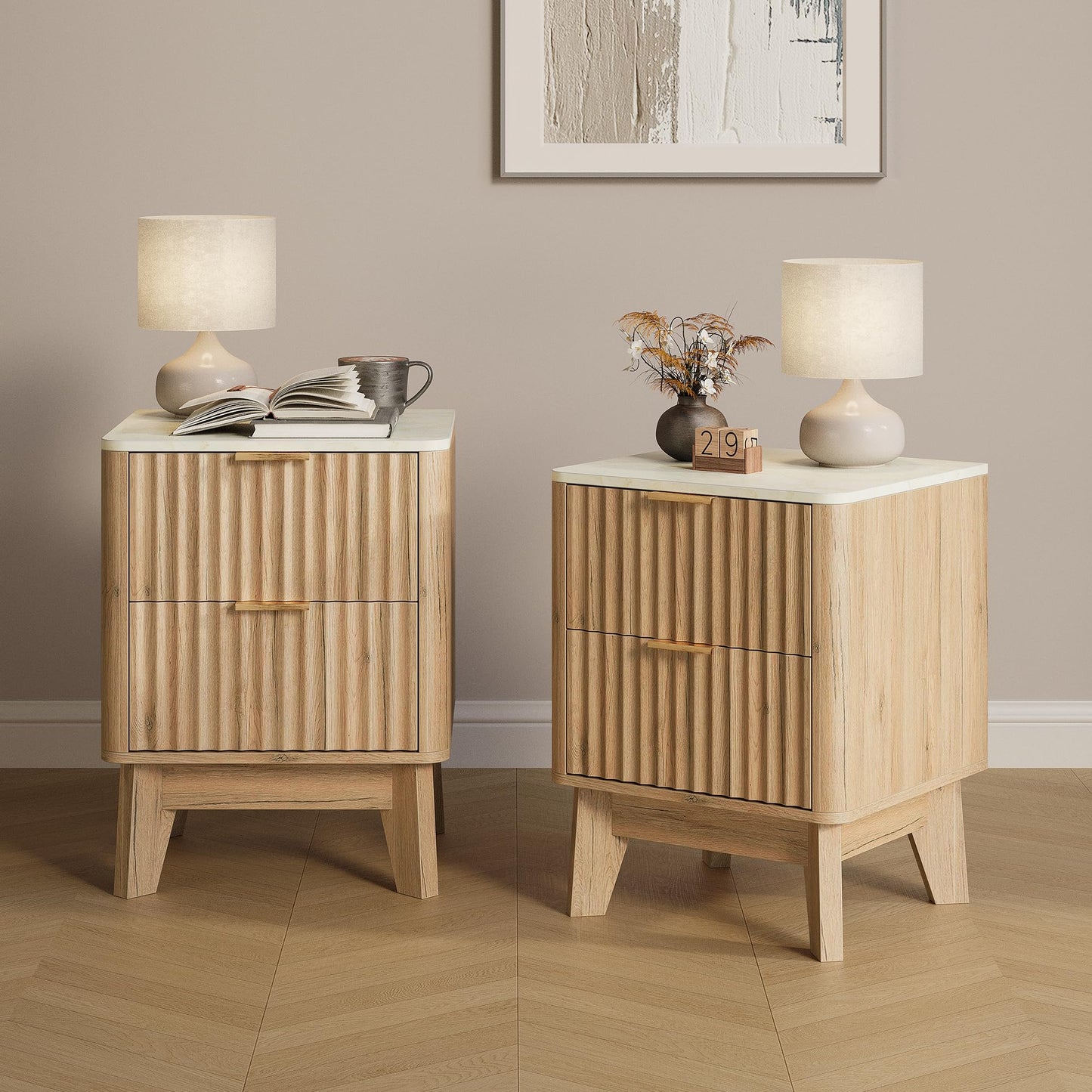 TROJM Fluted Nightstand Set of 2,Modern End Table with Faux Marble Top,2 Storage Drawers Side Table,Bedside Table for Bedroom, Living Room,Curved Profile Design Furniture,Natural Oak