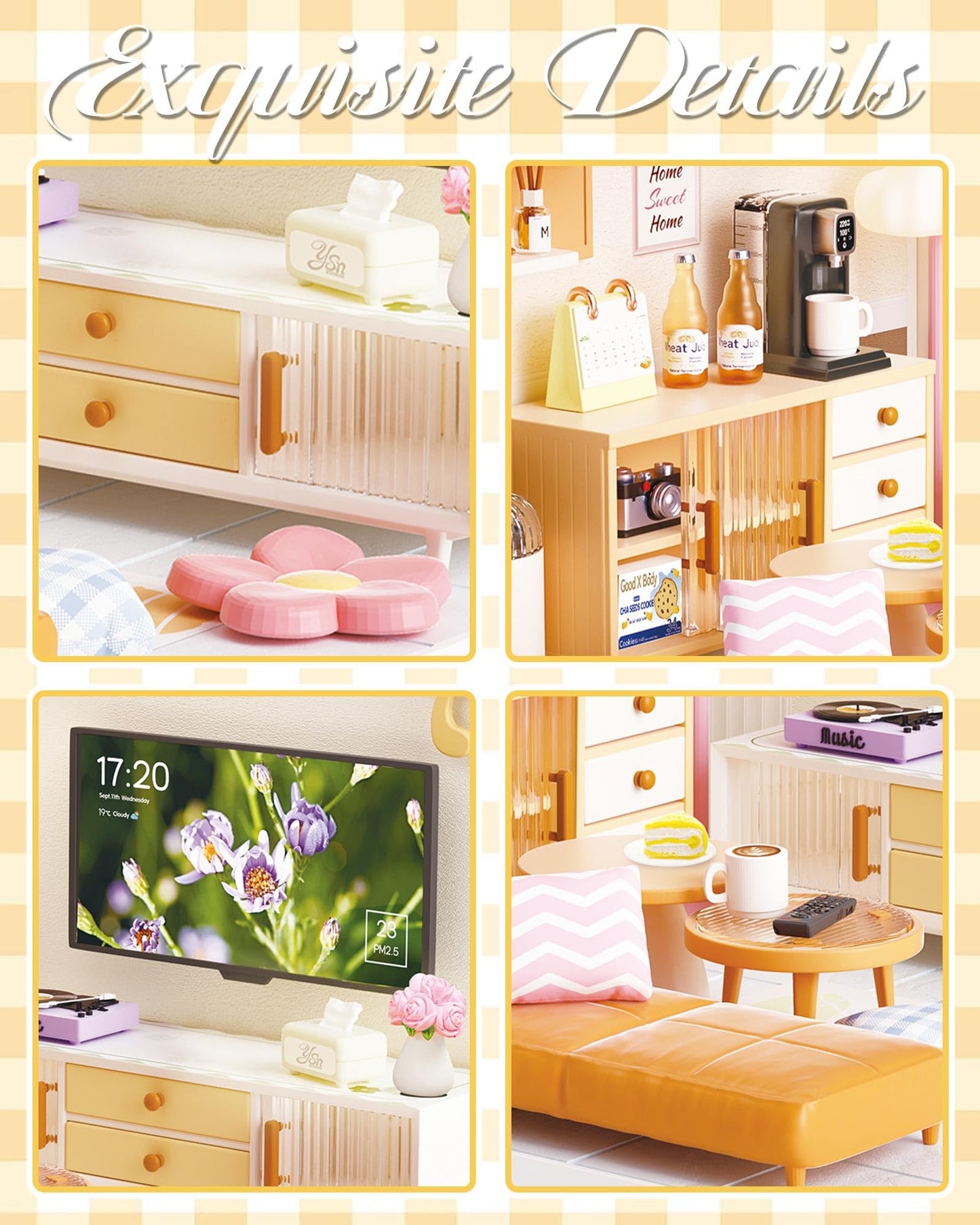 Kisoy DIY Miniature House Kit, Tiny House Kit with Furniture and LED Light, Mini Blocks Model Kit Sets, DIY Crafts/Hobbies Toys for Adults and Teens (Living Room)