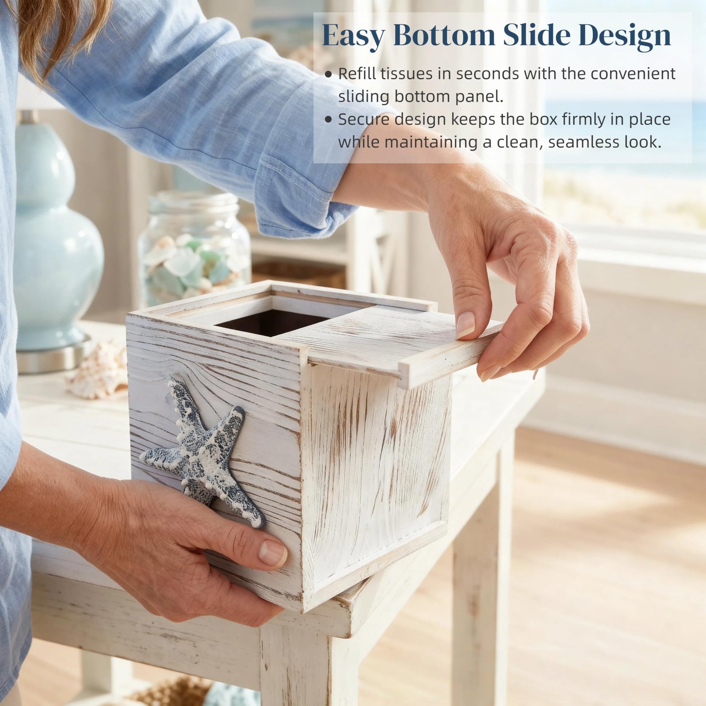 Ovimyne Coastal Tissue Box Cover Wooden Retro with Sliding Bottom Panel Beach Decor for Bathroom Bedroom Living Room,Starfish Decor Suitable for Coastal Gifts Beach House Gifts