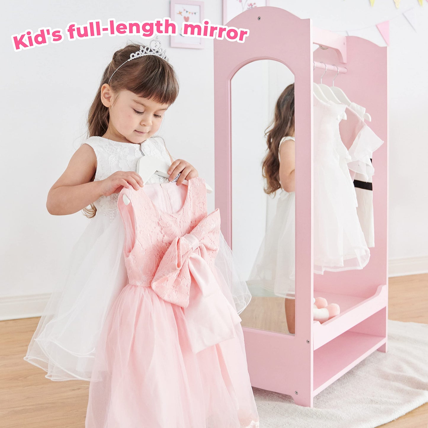 Teamson Kids - Kids Clothed Rack, Girl Dress Up Closet, Kids Dress Up Wardrobe, Dress Up Furniture Hanging Rack for Kids, Toddler Dress Up Station, Wooden Dress Up Unit with Hooks and Mirror - Pink