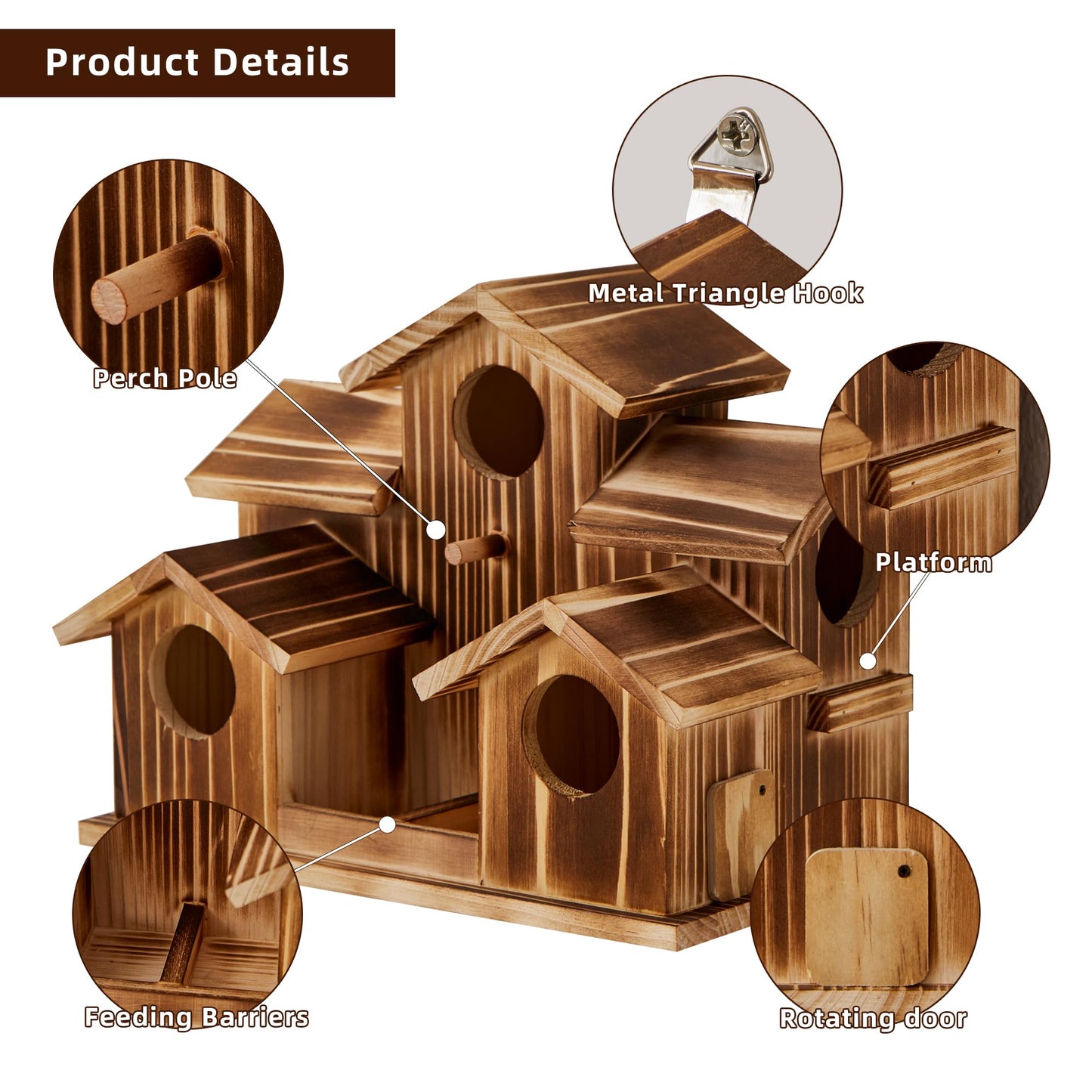 Puyikes Bird House for Outside 5 Hole Bird Houses Room for 5 Bird Families Large Bird House for Garden/Courtyard/Backyard for Garden Decor-Finch Bluebird Cardinals Handmade Wooden Hummingbird House