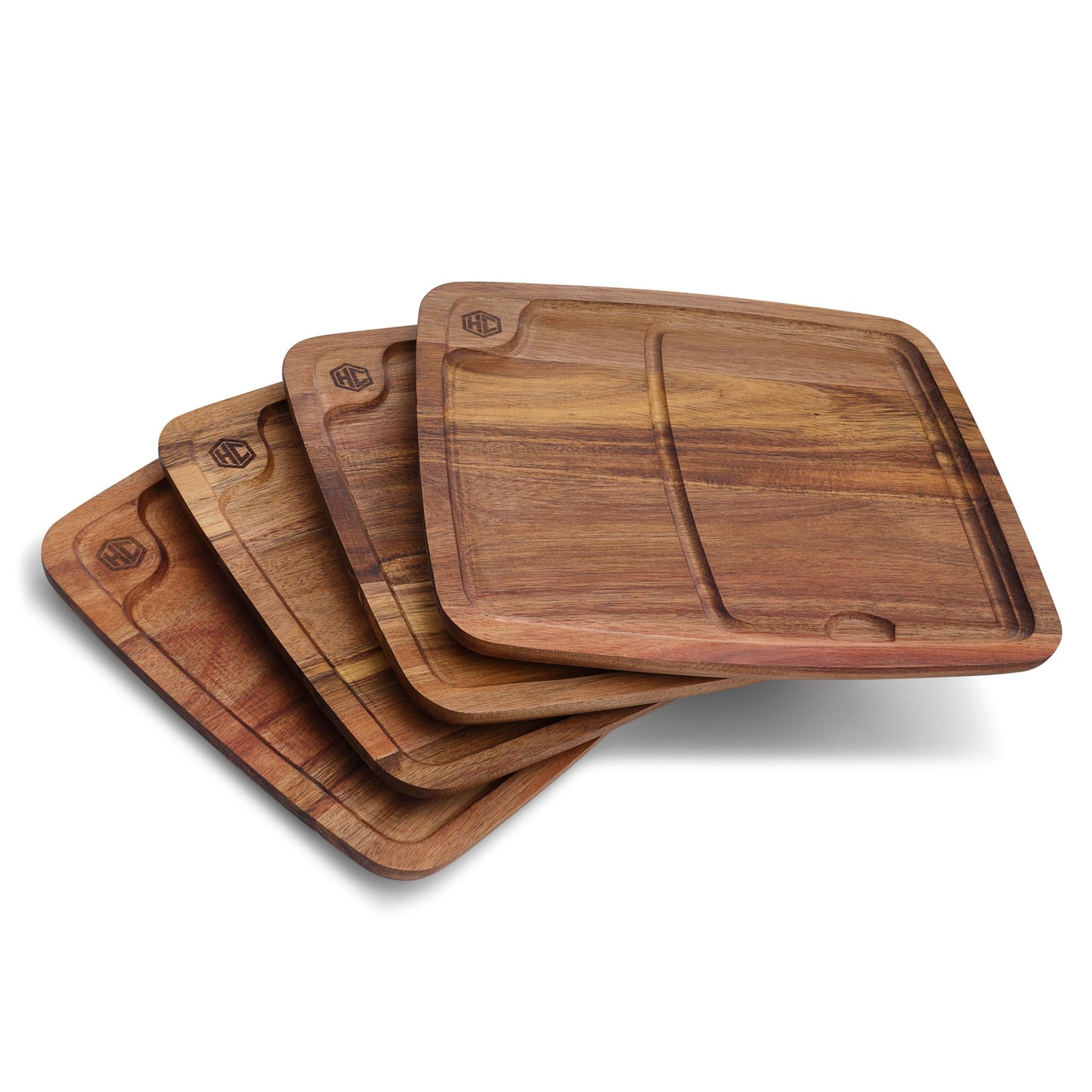 HexClad 4-Piece Bistecca Wooden Steak Plate Set with Juice Channel for Meats, Stackable Design with Straight Edges and Completely Flat Base, Easy to Clean, Lightweight and Durable