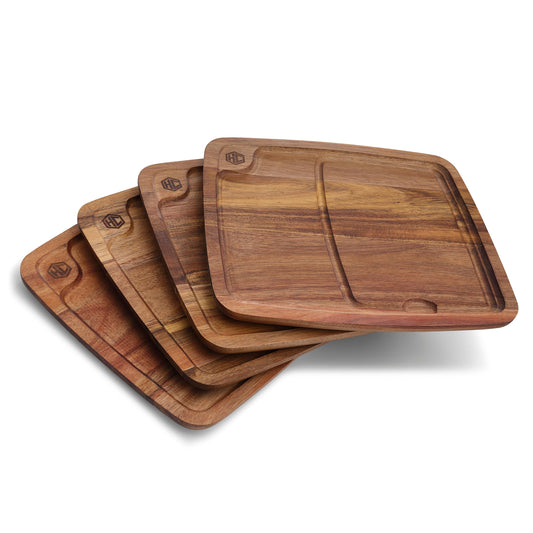 HexClad 4-Piece Bistecca Wooden Steak Plate Set with Juice Channel for Meats, Stackable Design with Straight Edges and Completely Flat Base, Easy to Clean, Lightweight and Durable