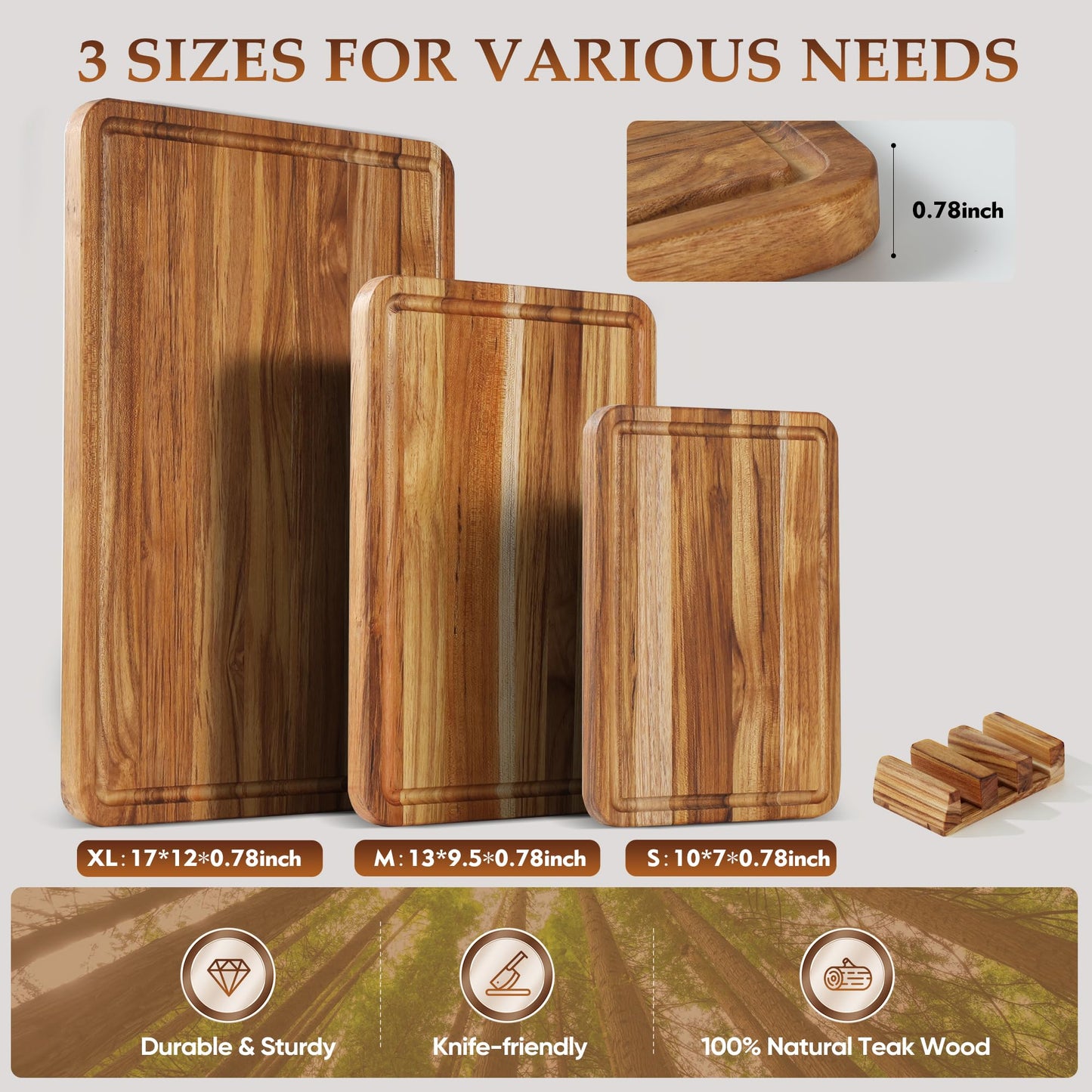 3 Pack Teak Cutting Board Set for Kitchen Wood Charcuterie Board with Juice Groove Wooden Cutting Boards Non Toxic Heavy Duty Slip Over Sink Solid Thick Chopping Board FSC