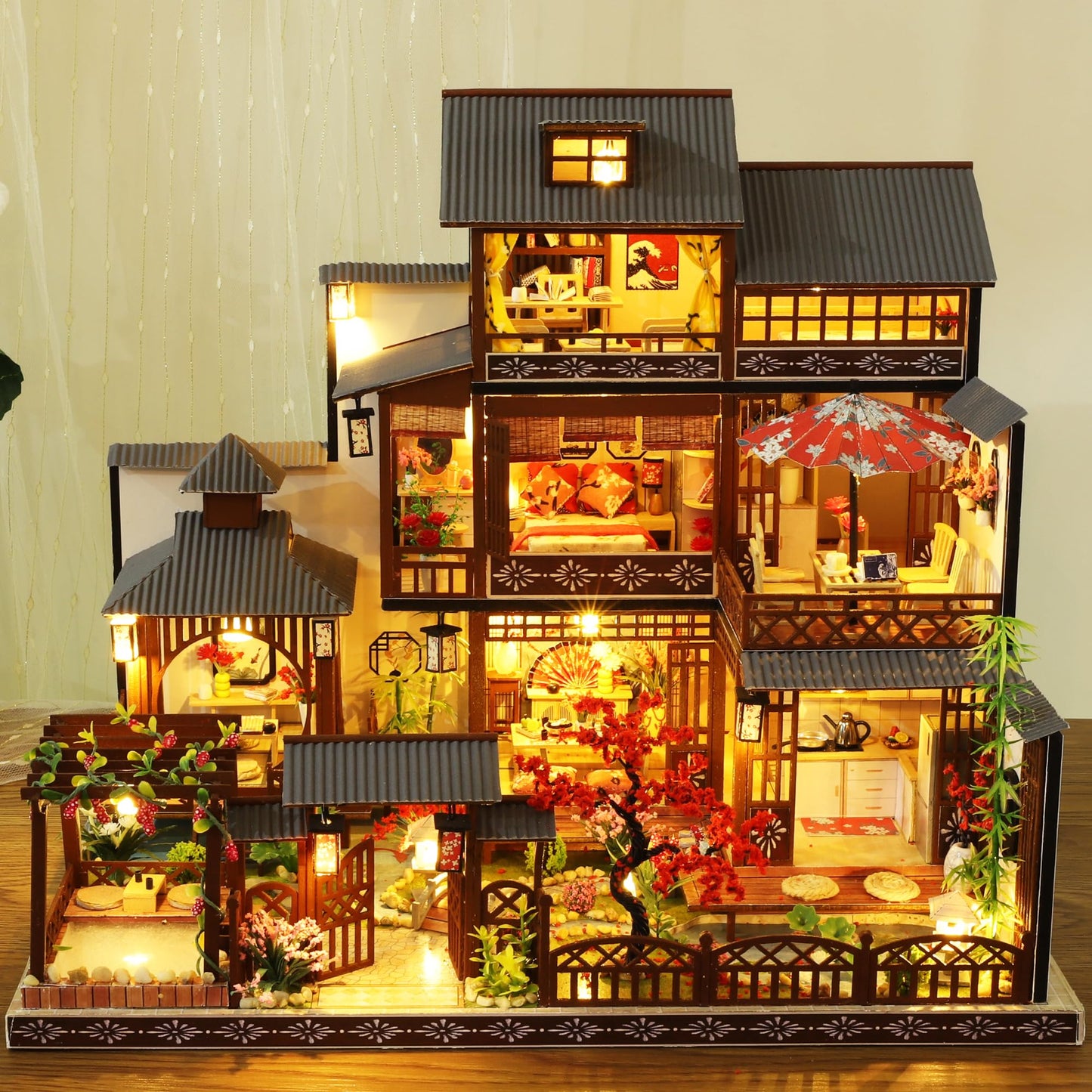 KOOMEKI Miniature Dollhouse DIY Set with Decoration Furniture and LED Lights, 1:24 Scale DIY Wooden Dollhouse Kit with English Instructions, Birthday Gift or Party Favors (Japanese Courtyard Style)