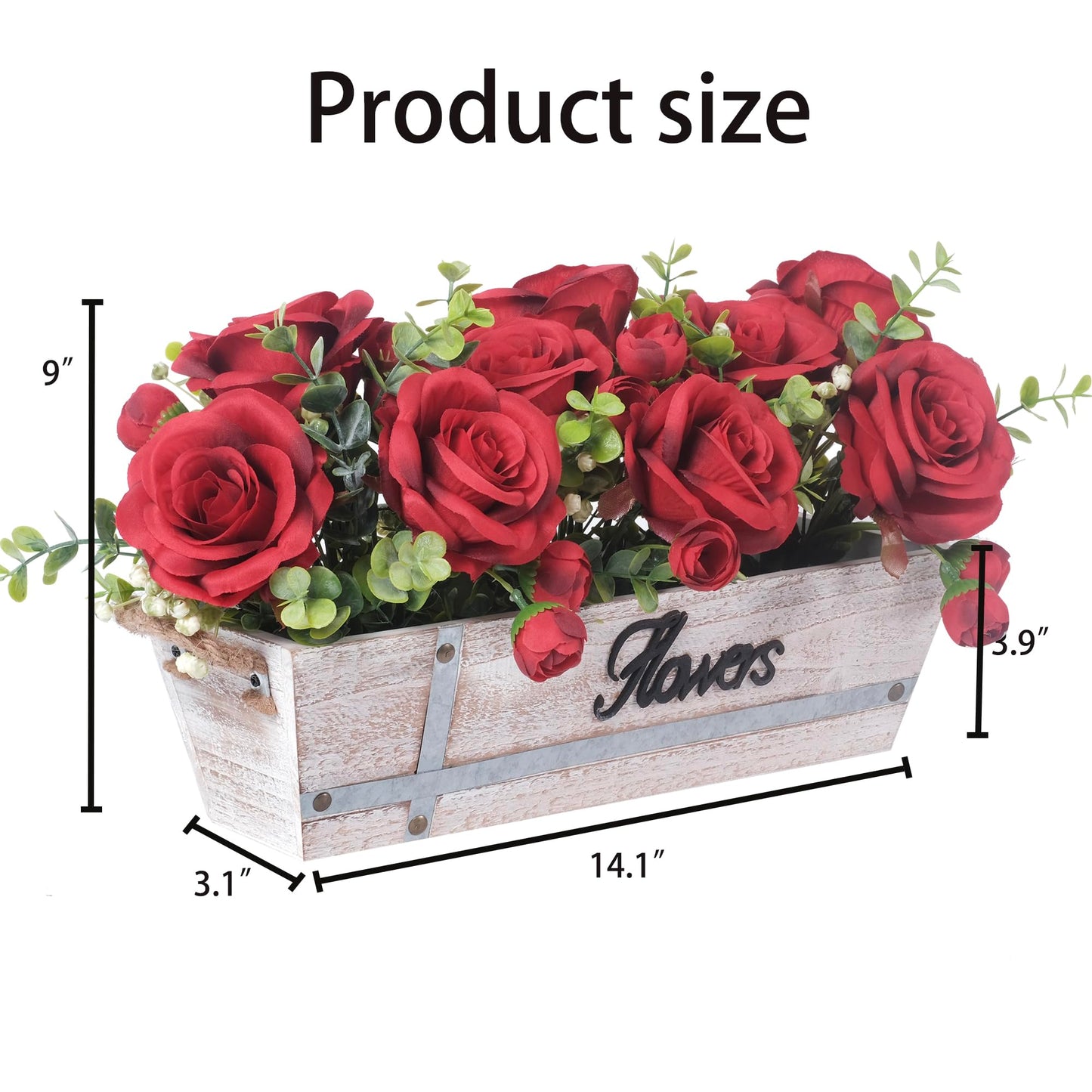 Centerpiece Table Decorations Rustic Wood Tray with 3 Artificial Red Rose Flowers and Fake Eucalyptus for Dining Room Farmhouse Living Room Kitchen and Coffee Table Décor