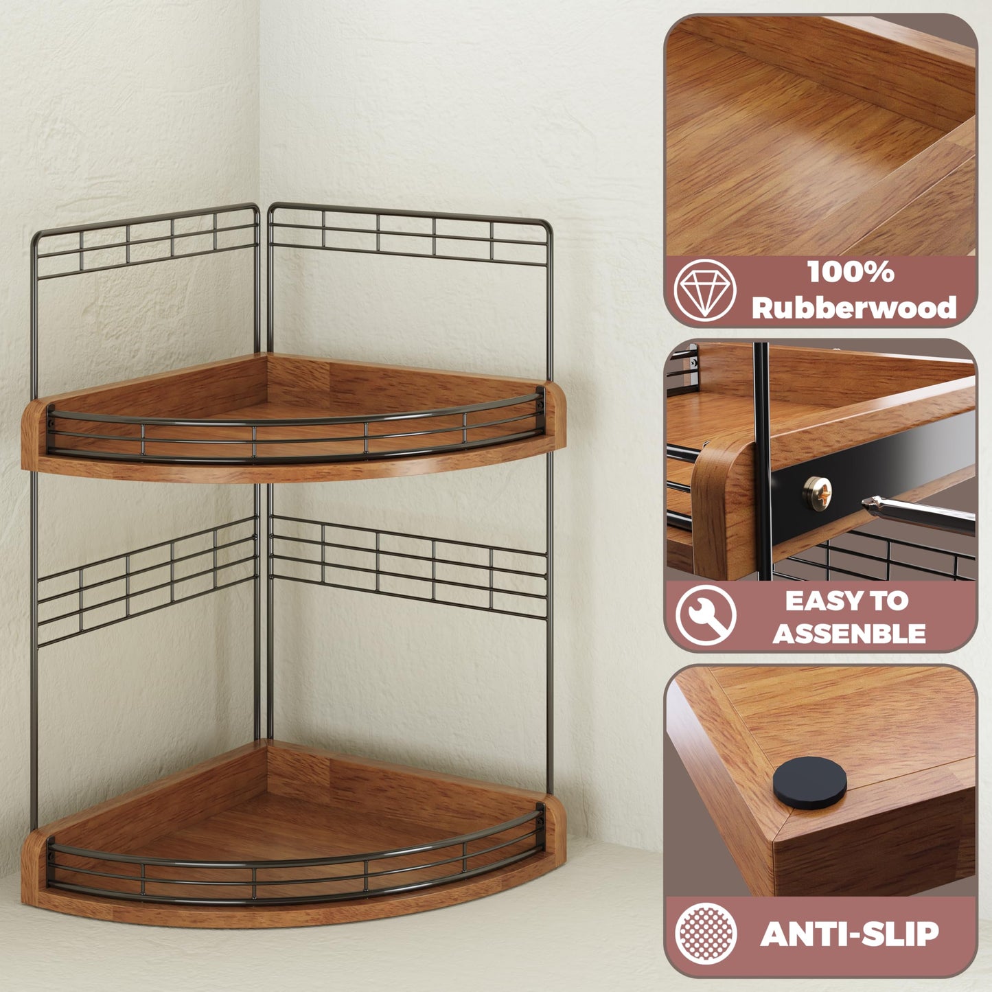 JNFUZ Bathroom Countertop Corner Organizer for Small Spaces – 2-Tier Counter Shelf for Sink & Vanity, Compact Vertical Storage for Toiletries (Walnut)