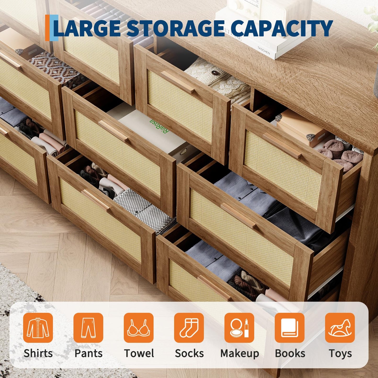 GarveeLife 10 Drawer Dresser for Bedroom, 59 in Farmhouse Rattan Dressers & Chests of Drawers, Wooden Storage Organizer with Anti-Tipping Device for Living Room, Hallway, Entryway, Natural