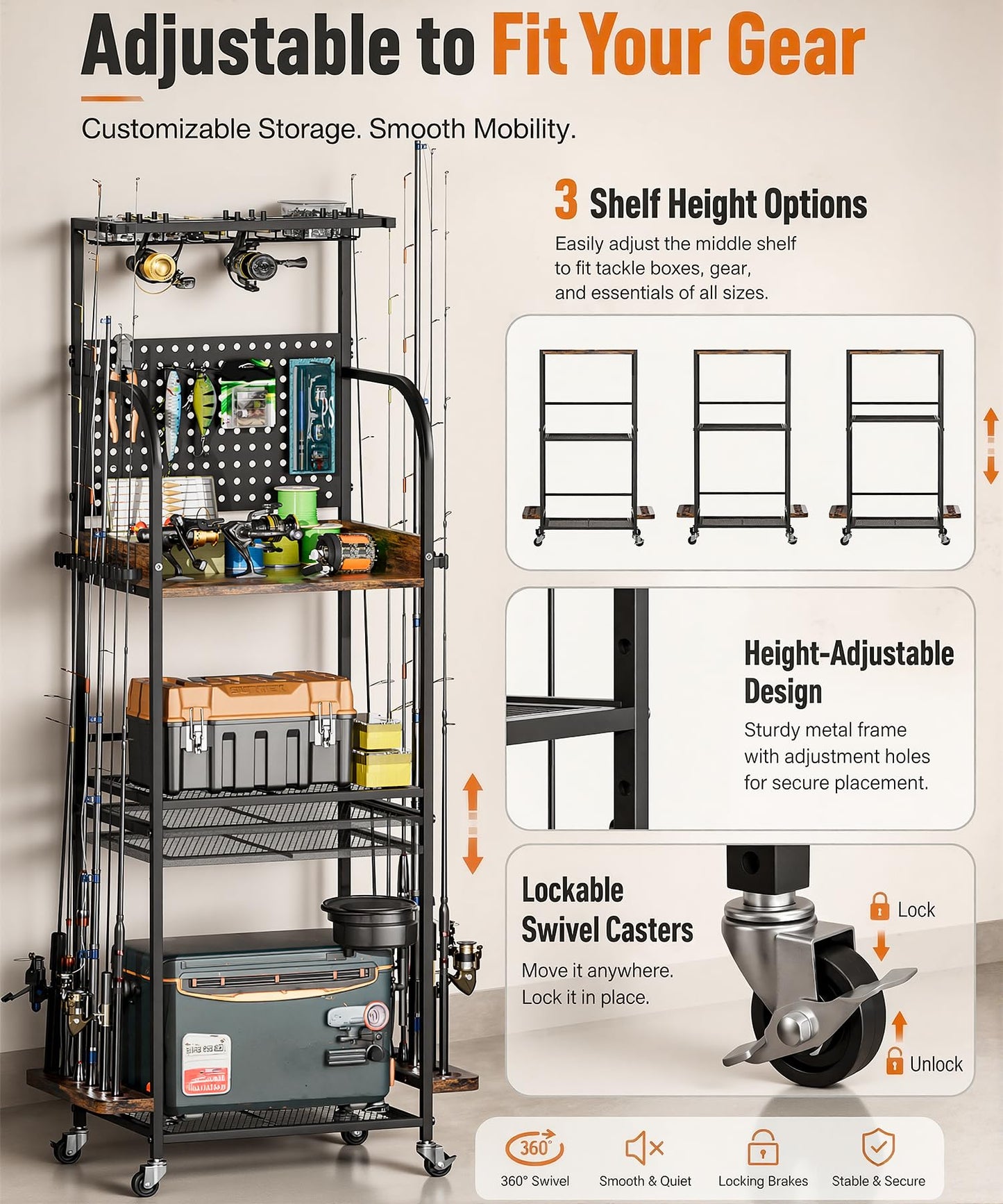 Homde Fishing Rod Holders for Garage: Large Capacity Fishing Equipment Holder up to 12 Rods - Mobile Tackle Storage Cart with Pegboard and Hooks for Tackle Box Organizers and Storage