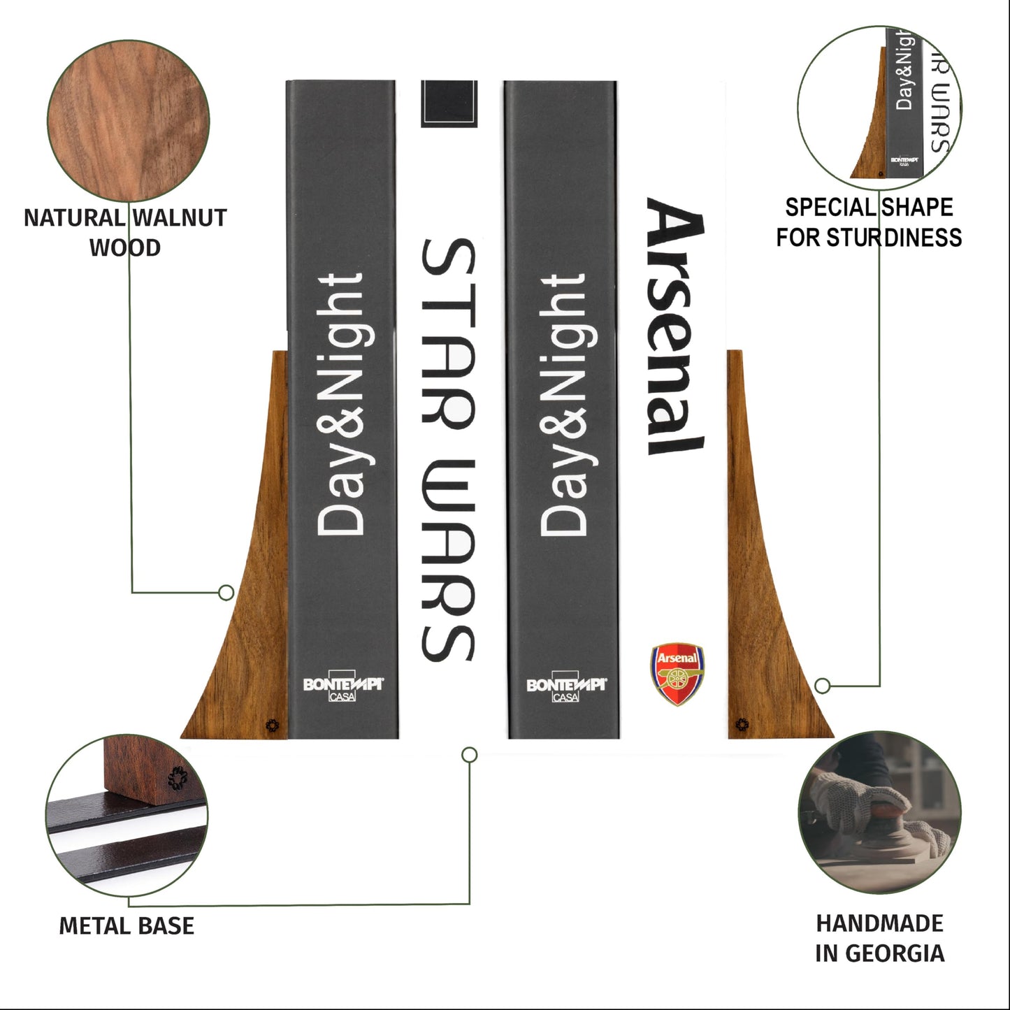 TILISMA Walnut Bookends for Shelves | Wooden Book Ends for Shelves | Sturdy Book Holders, Stoppers with Metal Base for Bookshelves | Slick Decorative Bookends Stands Firmly on Bookshelf (4 Pair)