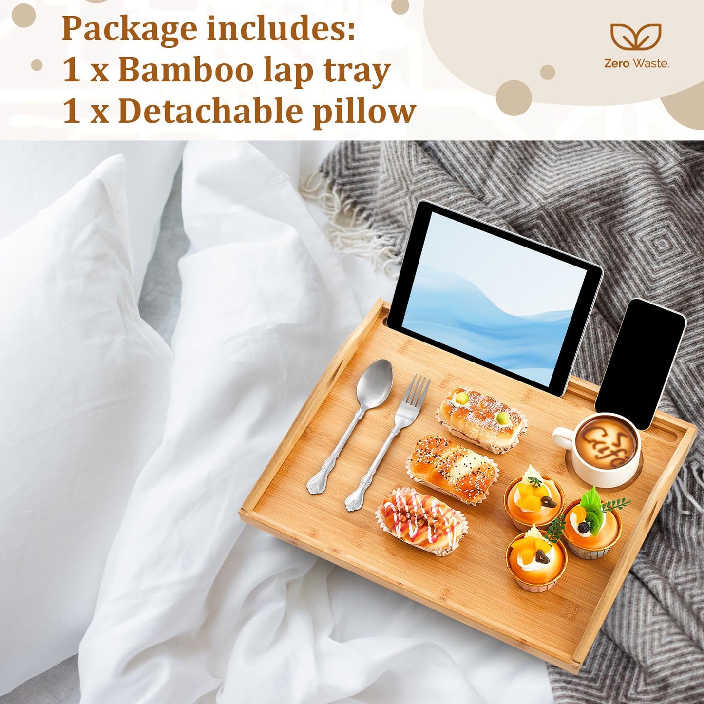 Pickmesh 1 Pcs Bamboo Lap Tray with Detachable Pillow Wood Bed Food Trays with Cushion 16.9 x 13 Inch for Adults Elderly Eating Food Breakfast Dinner in Recliner (Wood Color)