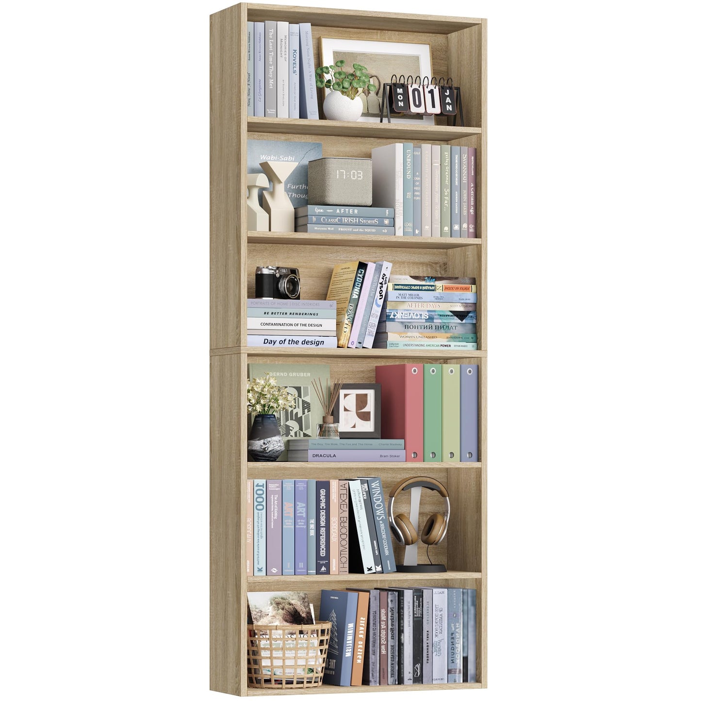 FOTOSOK 6-Tier Open Bookcase and Bookshelf, Freestanding Display Storage Shelves Tall Bookcase for Bedroom, Living Room and Office, Light Oak