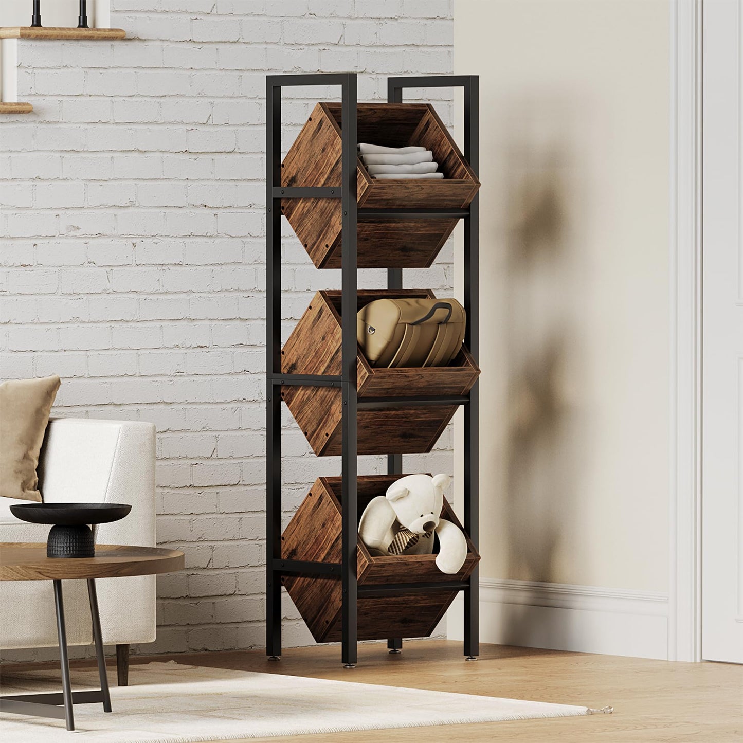 LITTLE TREE 3-Tier Basket Stand, Wooden Floor Stand Shelving Unit, Standing Organizer Storage Rack for Kitchen, Bathroom, Living Room (Rustic)