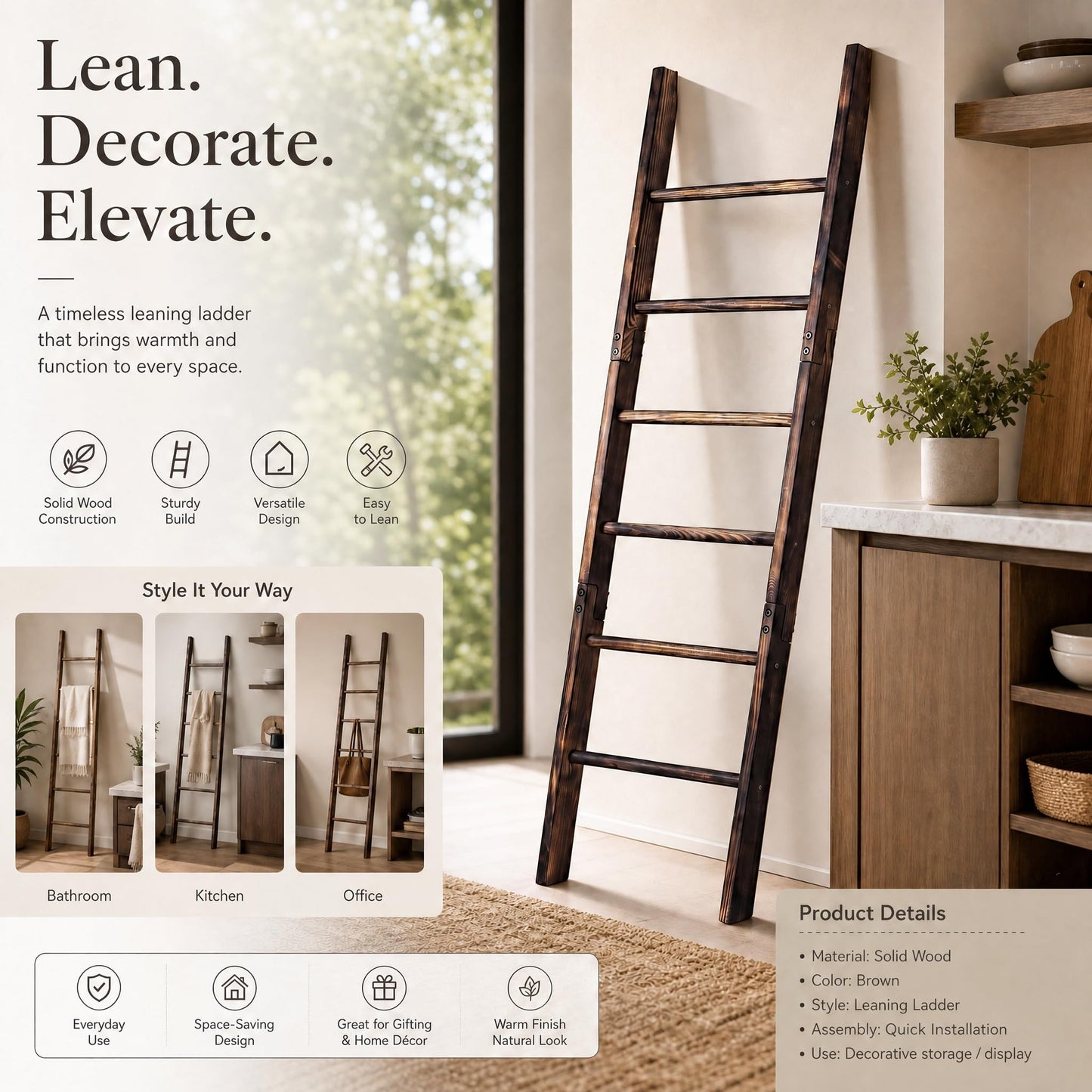 Carbonized Farmhouse Blanket Ladder, 6-Tier Rustic Wooden Rack