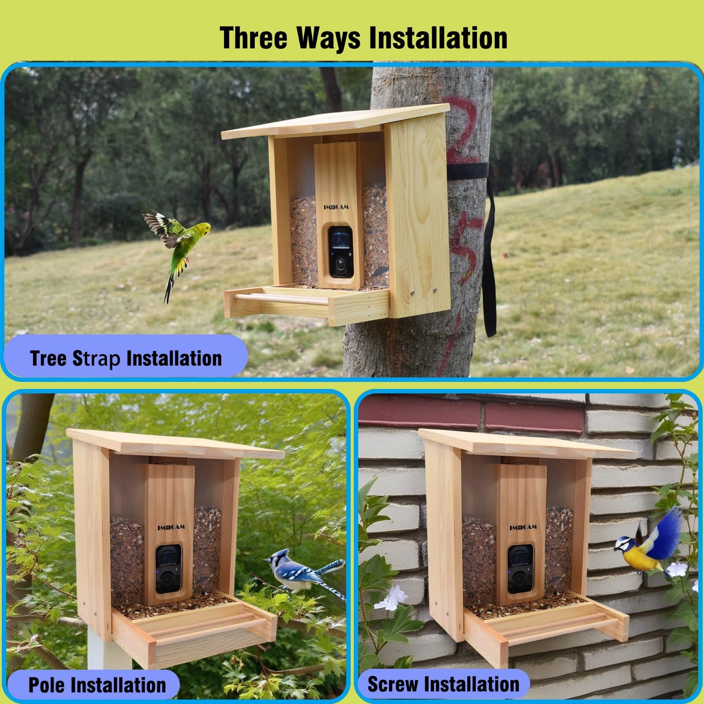 IMOCAM Smart Wooden Bird Feeder with Camera-Solar Power,Bird AI Identifier,1080p HD,5200mAh Battery,3.5L Extra Large,Twin Seed Bins