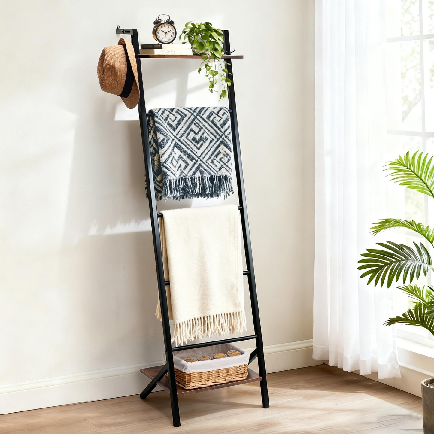 Outink 5 Tier Blanket Ladder with Shelf and Hooks, 4.8ft Metal Ladder Shelf Blanket Holder Storage Rack for Living Room, Free Standing Blanket Rack for Storage and Home Decor