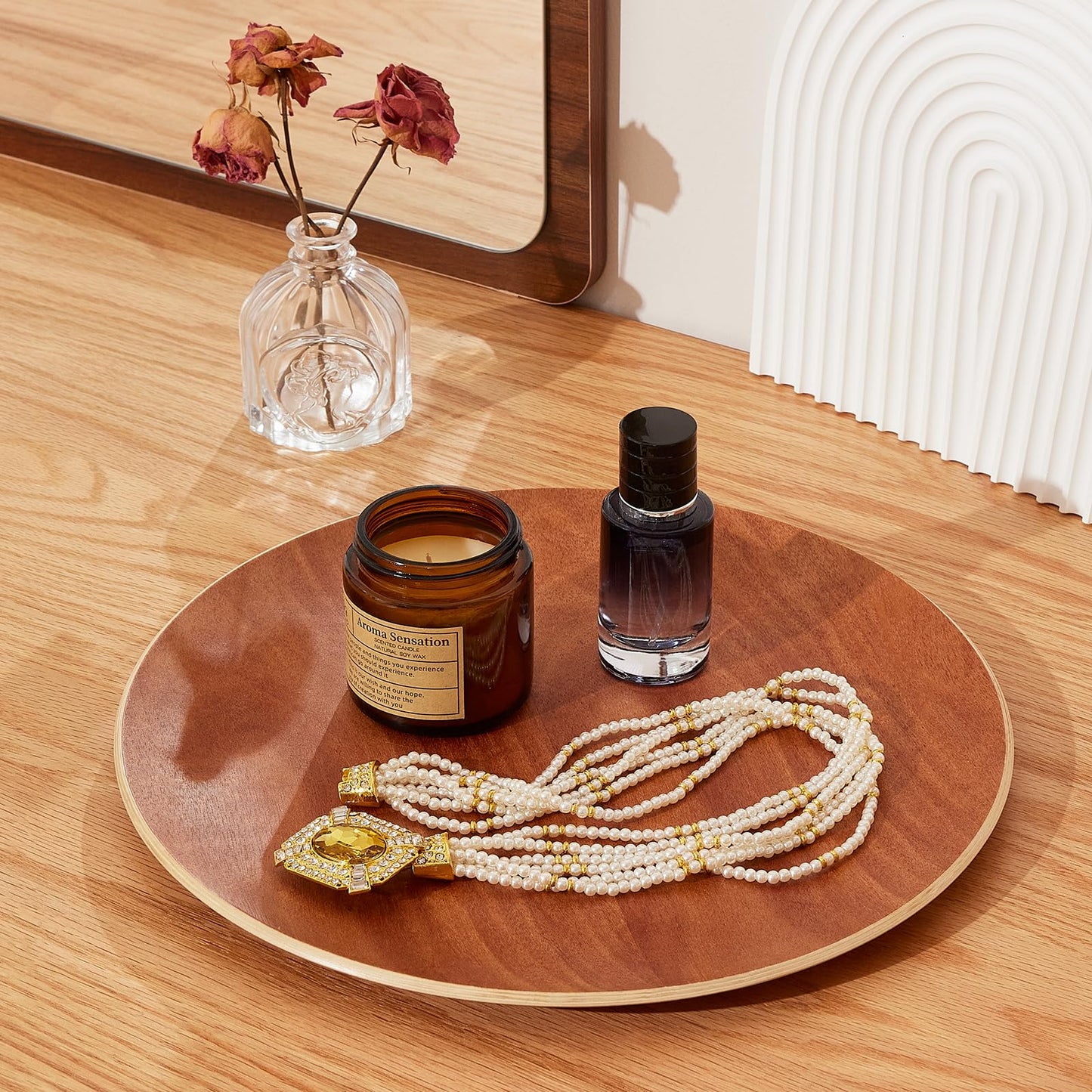 Yangbaga Acacia Wood Serving Tray,Round Decorative Tray for Living Room,Modern Coffee Table Tray,Serving Platters for Home Decor,Ottoman,Bed,Kitchen,Bathroom, Breakfast,Bar