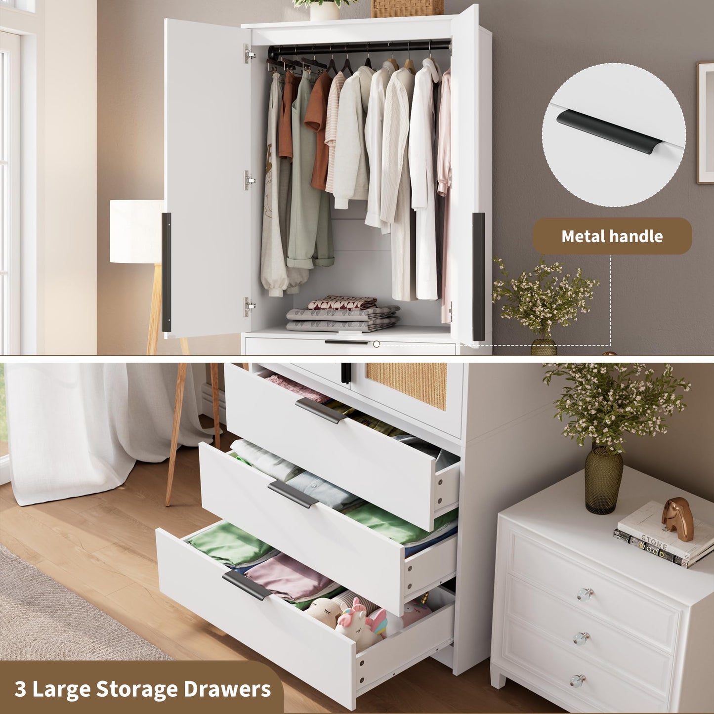 GarveeHome Armoire Wardrobe Closet, 69.5 in Wooden Wardrobe Cabinet with 3 Drawers, Hanging Rod, 2 Doors Clothing Storage Cabinet for Bedroom, Large Capacity Storage, Rattan Door, White