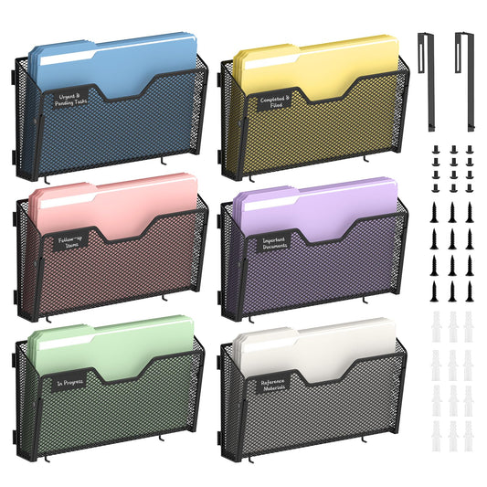 ReePlan 6 Pack Metal Wall File Organizer, Heavy Duty Hanging Mail Holder, Space Saving Over Door & Wall Mounted Storage for Office, Home & School(with 2 Metal Hooks)
