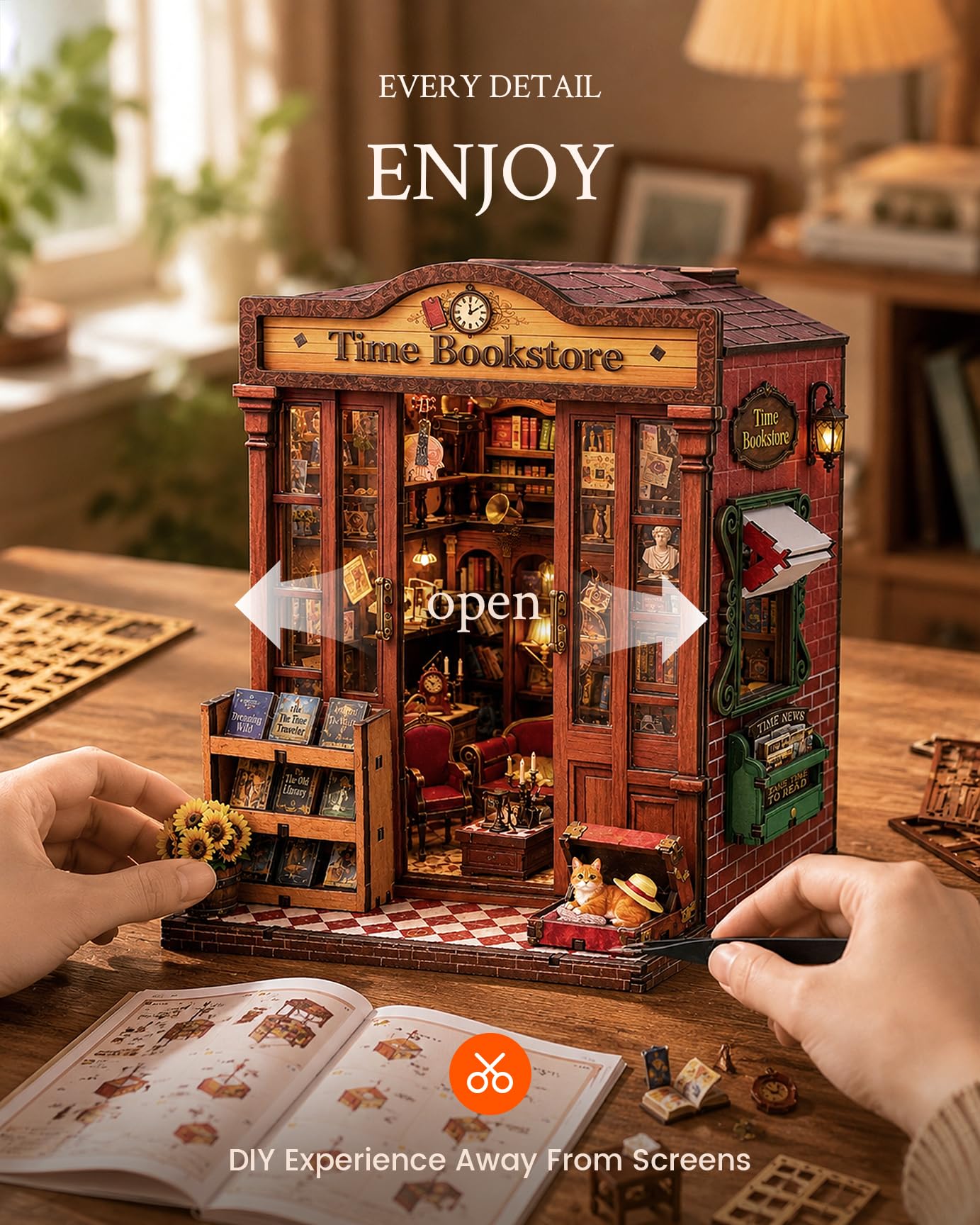 Book Nook Kit DIY Miniature House Kit for Adults, Timeless Library Mini Dollhouse with Furniture & LED Lights, 3D Wooden Puzzle Bookshelf Insert Decor, Creative Gift for Teens, Family & Friends