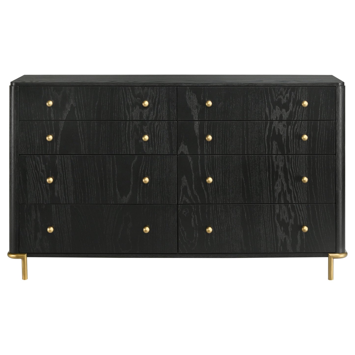 Coaster Home Furnishings - Arini - Wood - 8-Drawer Dresser with Felt-Lined Top, Round Ball Knobs, Metal Glides, Gold Base, Wire-Brushed Details, Coastal Style - Bedroom - Black - 224333
