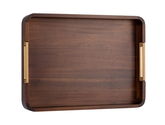 SARA NEST Premium Acacia Wooden Decorative Serving Tray with Gold-Tone Aluminum Handles, Versatile Serving Tray for Ottoman, Coffee Table, Living Room, Kitchen, Designed for Organizing & Home Decor