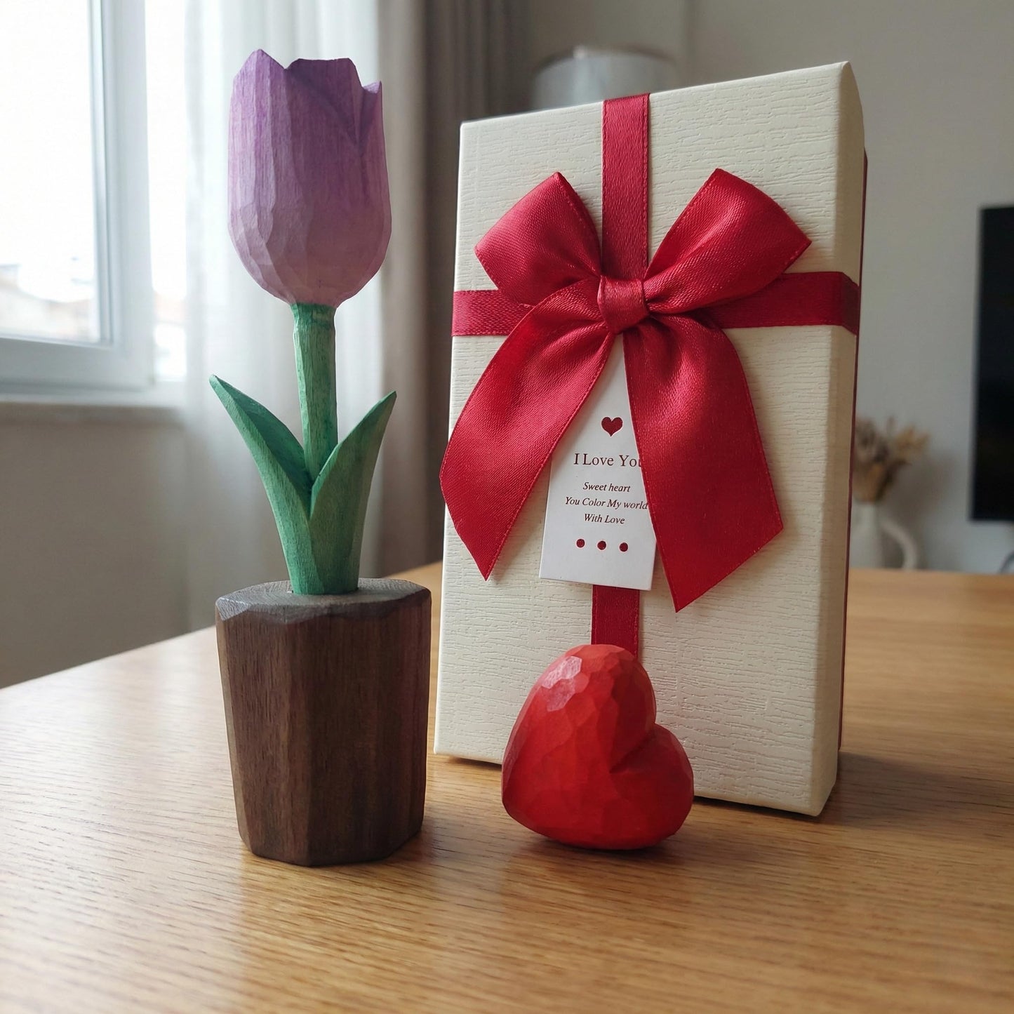 Hand Carved Wooden Tulip Flower with Red Heart Figurine in Gift Box - Everlasting Wood Sculpture for 5th, Valentine’s Day - Painted Faceted Floral Art (Lavender Purple)