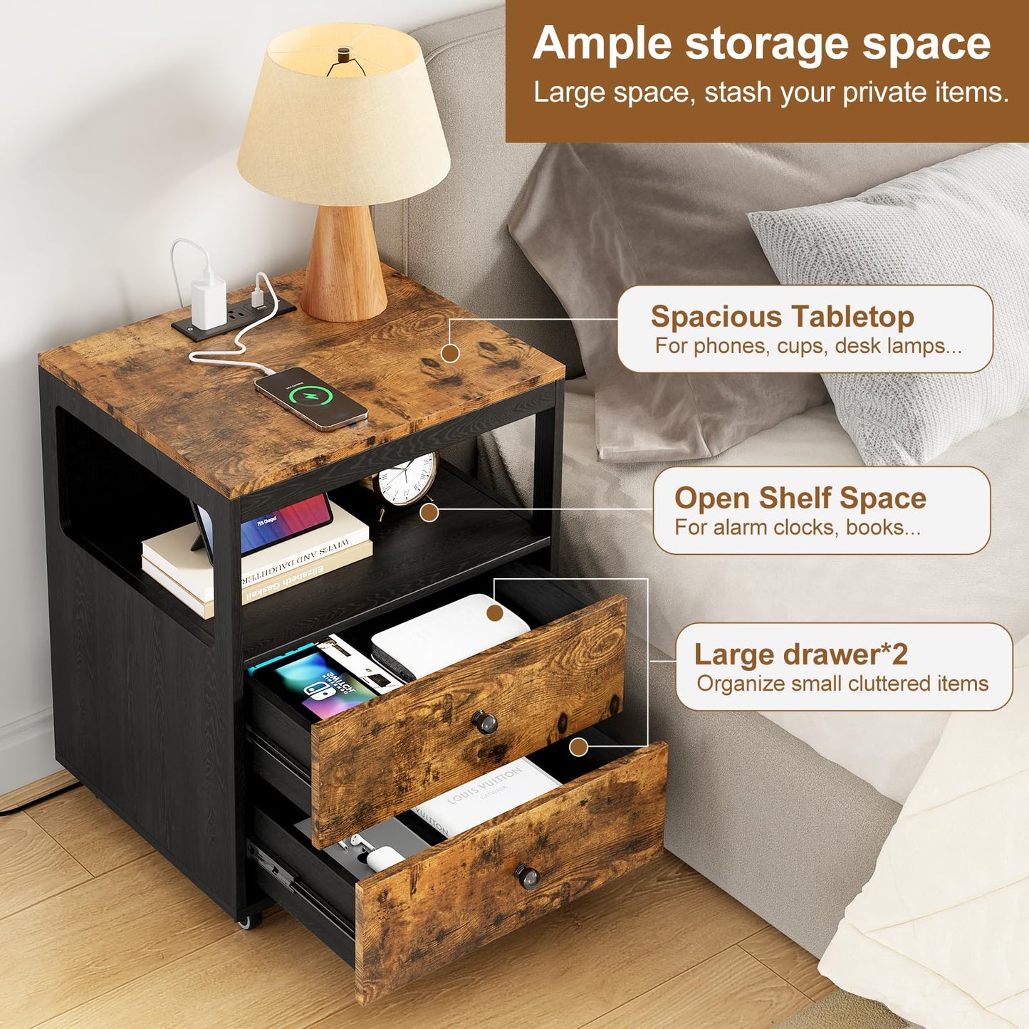 Tbimercftra Bedroom Nightstand with Charging Station, Side Table with 2 Drawers,Sofa End Table Living Room with Wheels for Living Room Bedroom Office(Rustic Brown + Black)