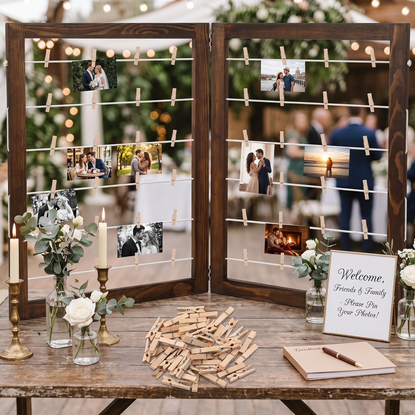 Geelin 36 x 24 Inch Photo Display Board with Clip Farmhouse Picture Display Wooden Rustic Freestanding Picture Collage Frame Wedding Tabletop Decor for Home Dorm (2 Panel,Brown)