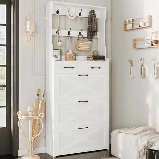 IRONCK Shoe Cabinet Storage with 3 Flip Drawers and Coat Rack, Free Standing Wooden Narrow Shoe Storage Organizer Shoe Rack Cabinet with for Entryway, White
