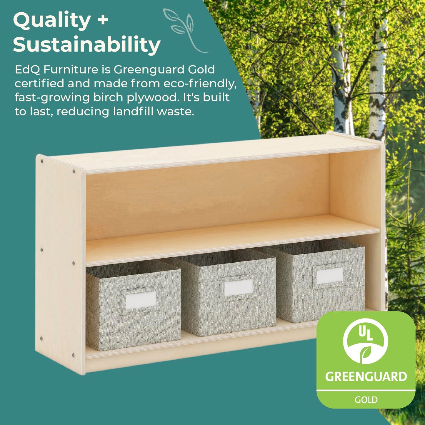 Guidecraft EdQ Two Shelf Open Storage 24'' Natural with 3 Fabric Bins: Wooden Multi-Purpose Bookcases and Toy Storage Organizer; Homeschool and Classroom Furniture