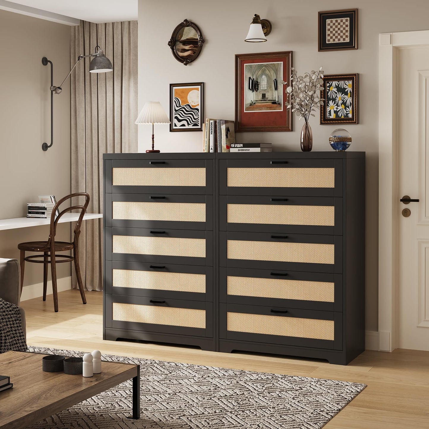 GarveeHome Rattan Dresser, Tall Chest of Drawers, Wood Dresser for Bedroom, Closet, Living Room, Hallway (Black Natural, 15.8" D x 31.5" W x 47.2" H (5 Rattan Drawers))