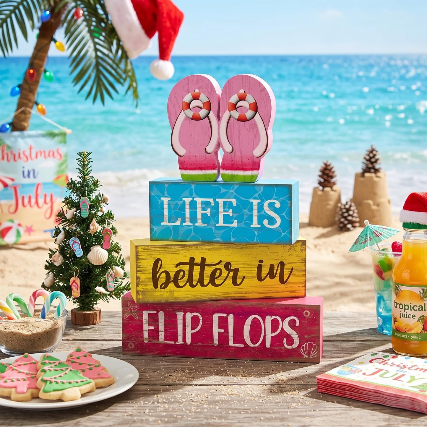 Yuntau 4 Pcs Summer Decorations for Home Flip Flops Table Decorations Wooden Sign Beach Table Centerpiece Summer Tiered Tray Decor Decorative Faux Book Stack Block for Office Coffee Mantel Shelf