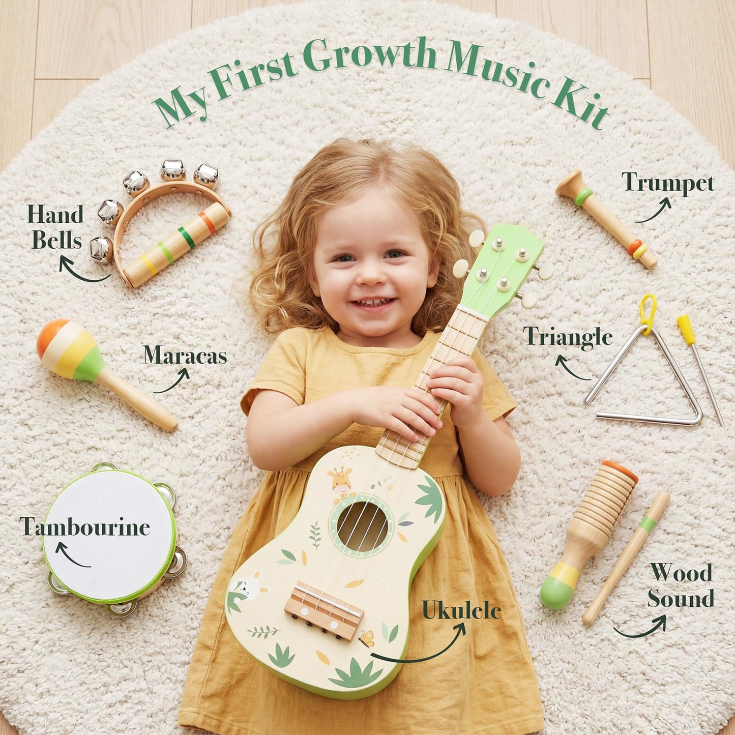 Toddler Guitar Set, 7-in-1 Wooden Baby Musical Instruments Band Includes 17" Ukulele, Maracas, Drum, Trumpet & More - Perfect Toy for Kids Ages 1-5, Ideal Gift for First Birthday Christmas