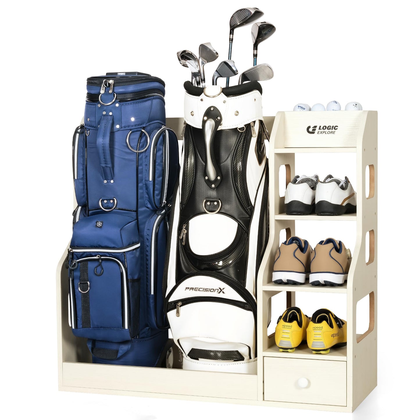 Logicexplore Premium Wooden Golf Bag Organizer Rack, Golf Bag Storage Rack with Drawer, MDF Wooden Golf Organizer for 2 Golf Bags, Heavy Duty Golf Equipment Storage Rack for Home, Garage, Golf Club
