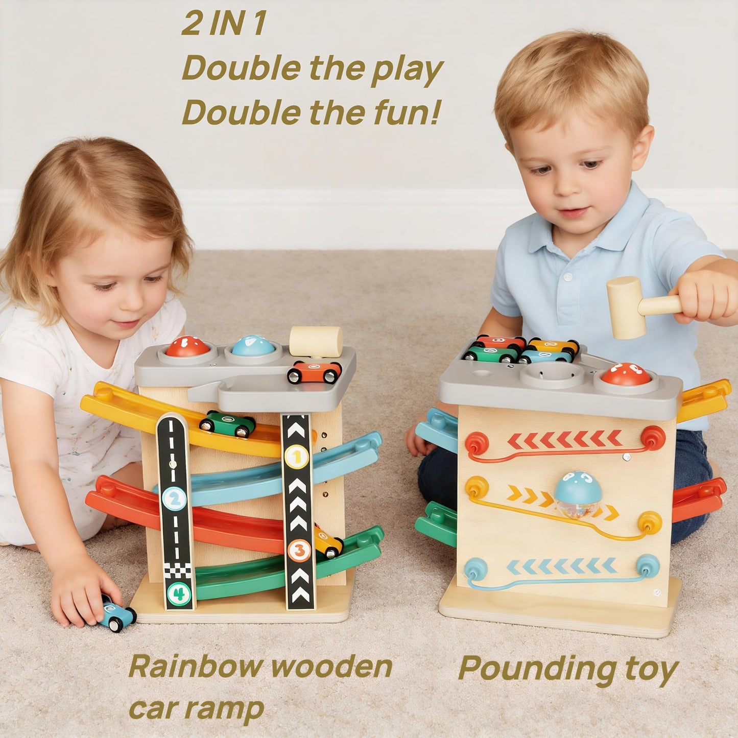 Toddler Toys for 1-2 Year Old Boy, Montessori Toys for 1 Year Old, First Birthday Gifts, 2 in 1 Pounding Toys and Wooden Car Ramp