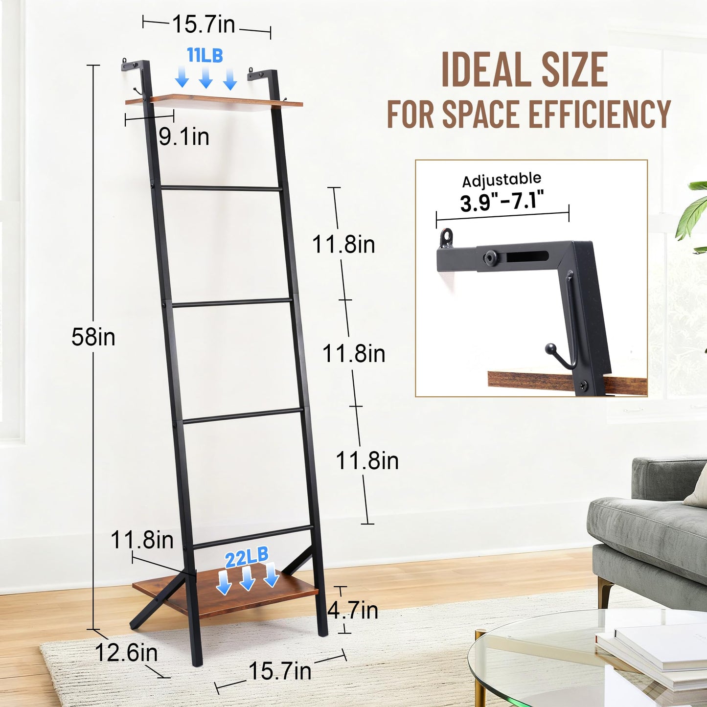 Outink 5 Tier Blanket Ladder with Shelf and Hooks, 4.8ft Metal Ladder Shelf Blanket Holder Storage Rack for Living Room, Free Standing Blanket Rack for Storage and Home Decor