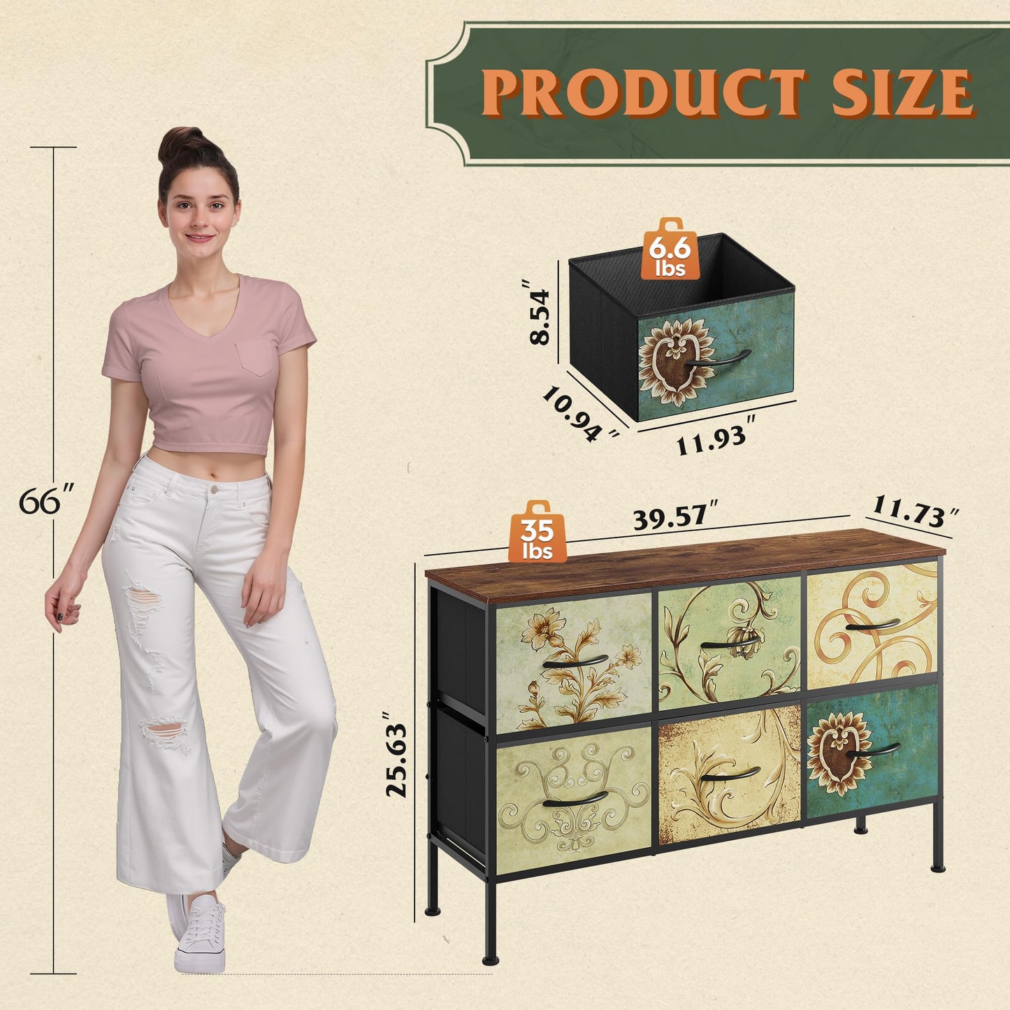 WLIVE Dresser for Bedroom with 6 Fabric Drawers, Closet Dresser with Metal Frame, Wooden Top, Chest of Drawers for Closet, Floral Painted