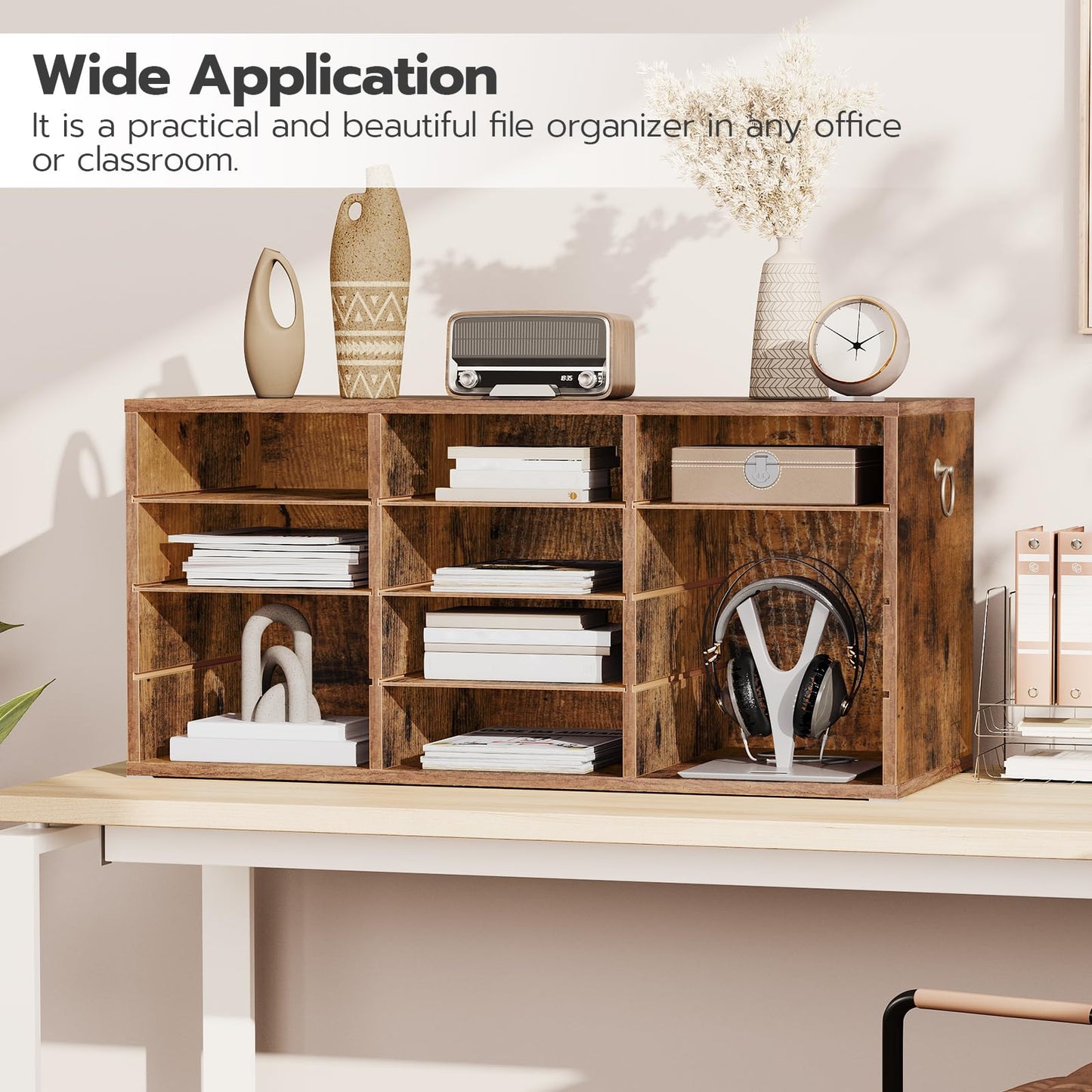HOOBRO Countertop Mail Sorter Organizer, Wooden Literature Organizer, Student Mailbox for Classroom, Desktop Bill Organizer for Office Home School, 12 Compartments Rustic Brown FG43WF01