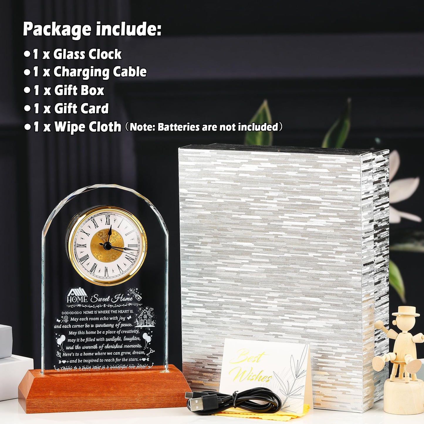 Arikyrist House Warming Gifts Glass Clock with Wooden LED Light Base for Women Men Unique New Home Gift Ideas Crystal House Warming Gifts for Couples Family Home Blessing Keepsakes Tabletop Decor